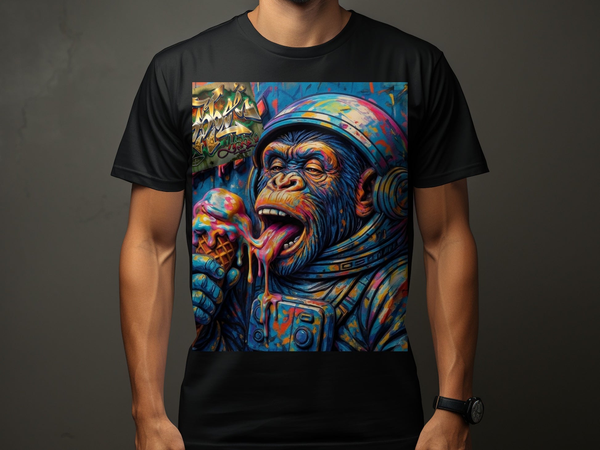 Chimpanzee in astronaut suit eating a dripping ice cream cone.