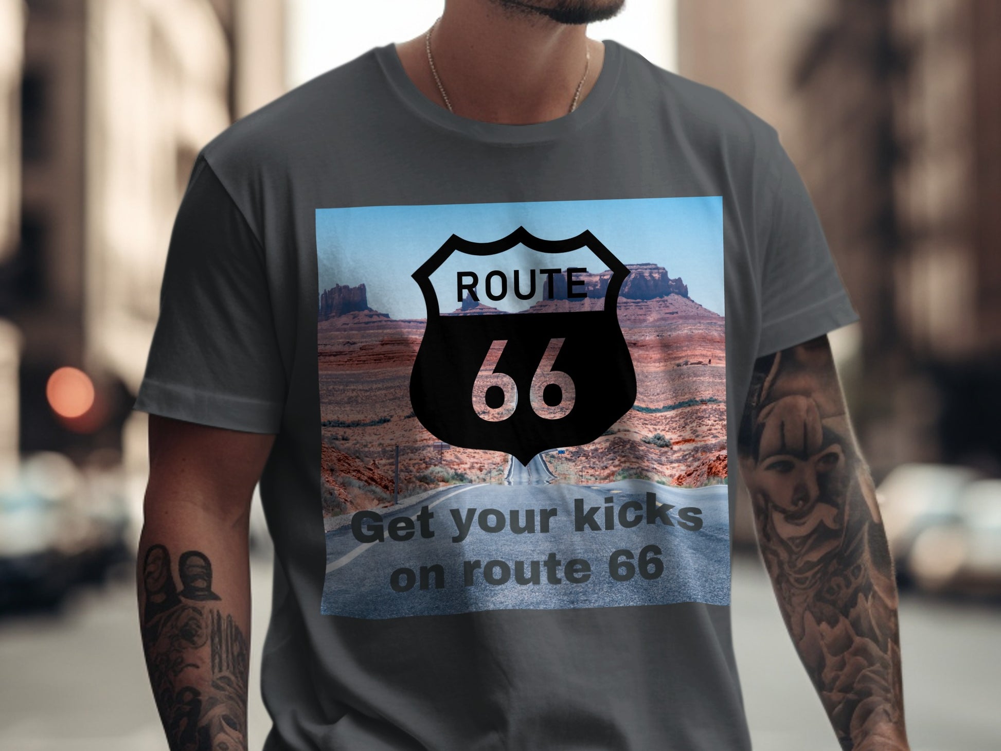 Gray t-shirt with Route 66 logo and desert landscape.
