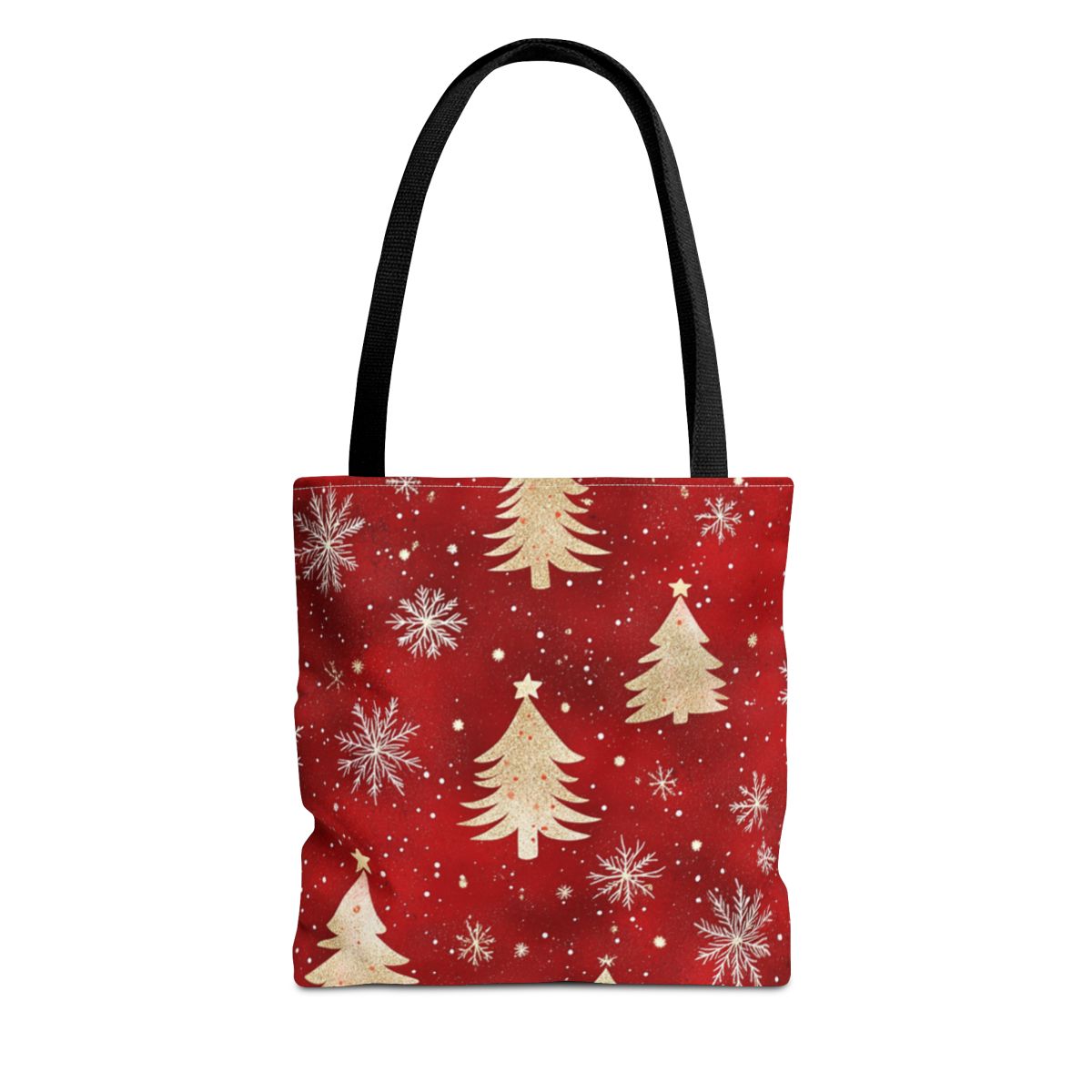 Festive Red Tote with Golden Christmas Trees Design