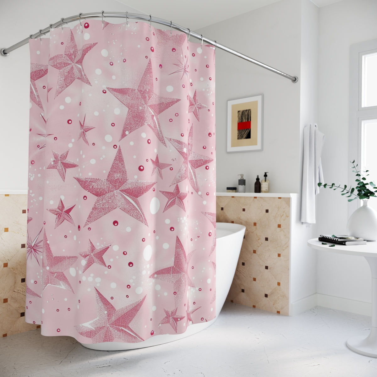 Pink Star Pattern Shower Curtain Bathroom Decor