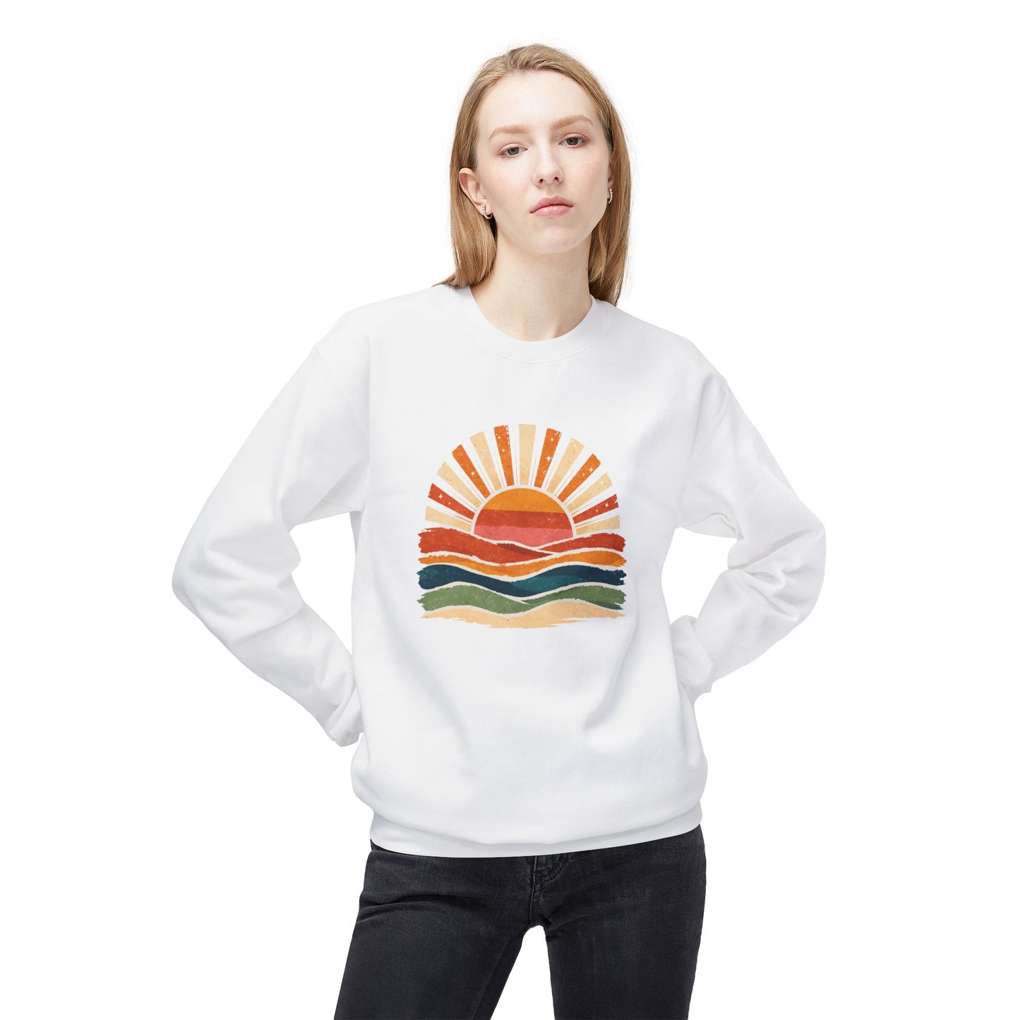 White crewneck sweatshirt with a retro sunrise and ocean waves graphic.
