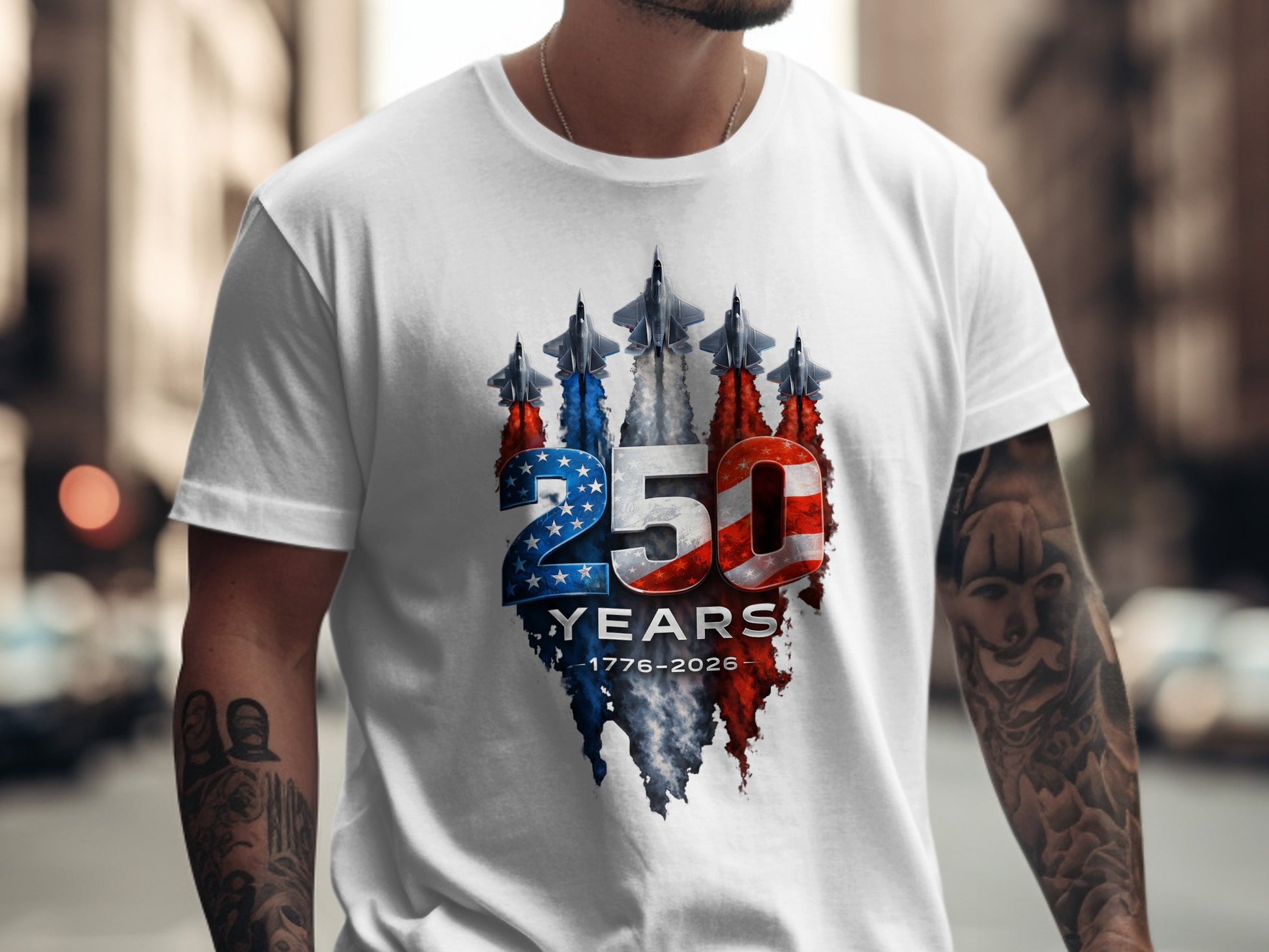 White t-shirt with patriotic jet graphic and "250 Years 1776-2026".