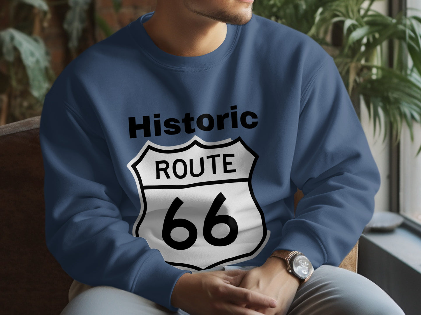 Dark blue sweatshirt with a white and black "Historic Route 66" shield logo.