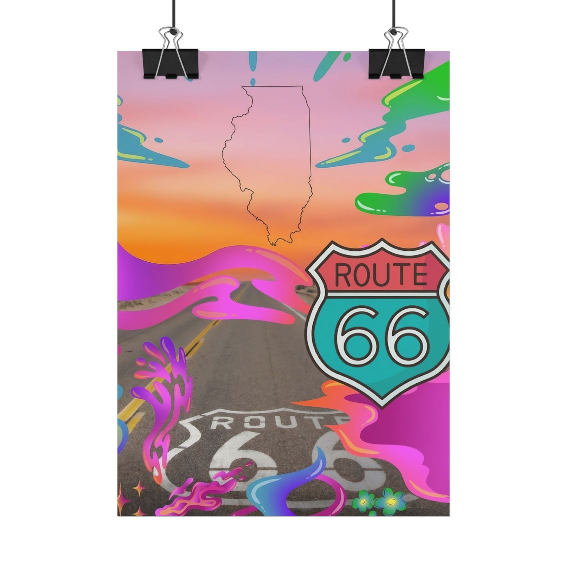 Route 66 sign with Illinois outline and colorful abstract art.