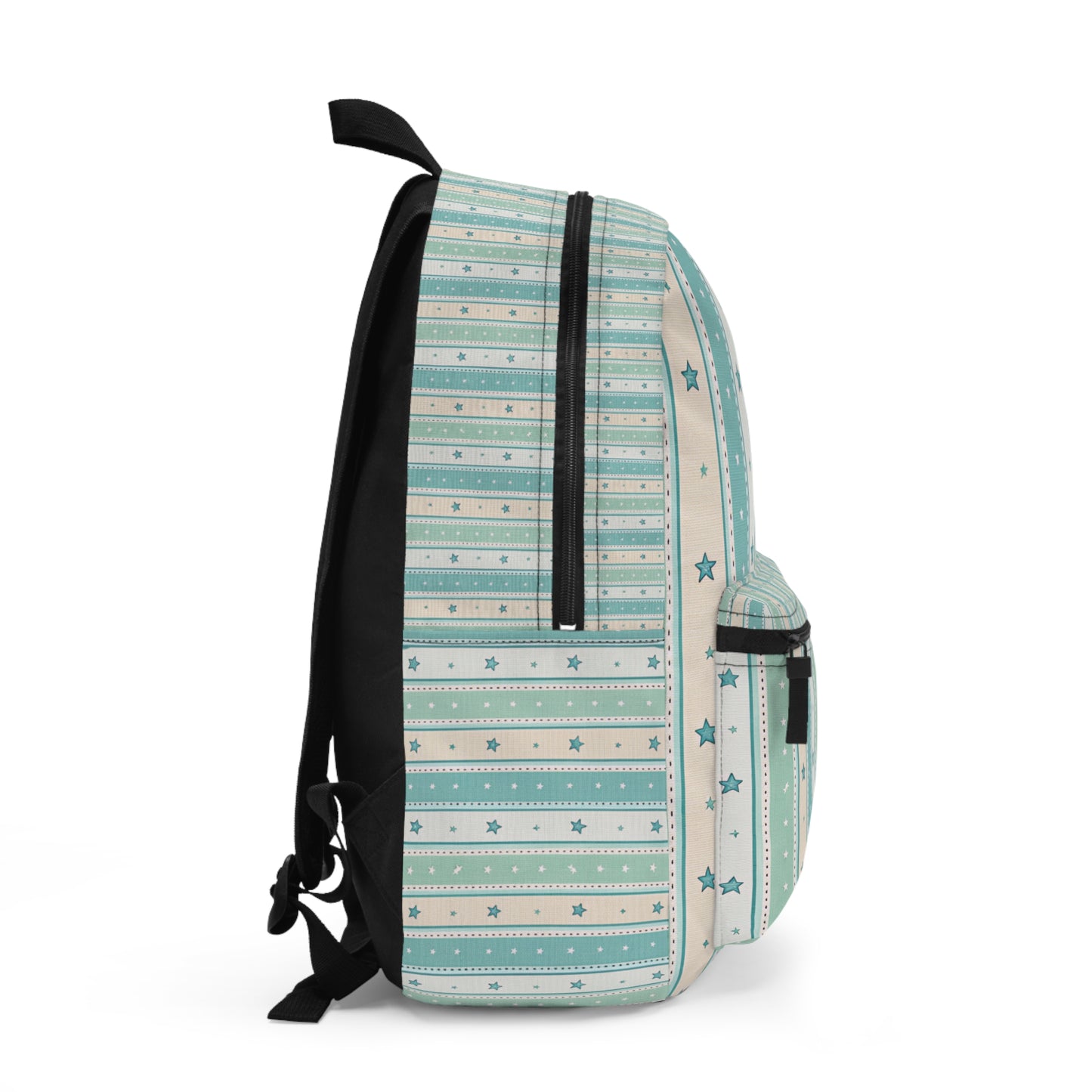 Backpack with blue and beige stripes and small star pattern