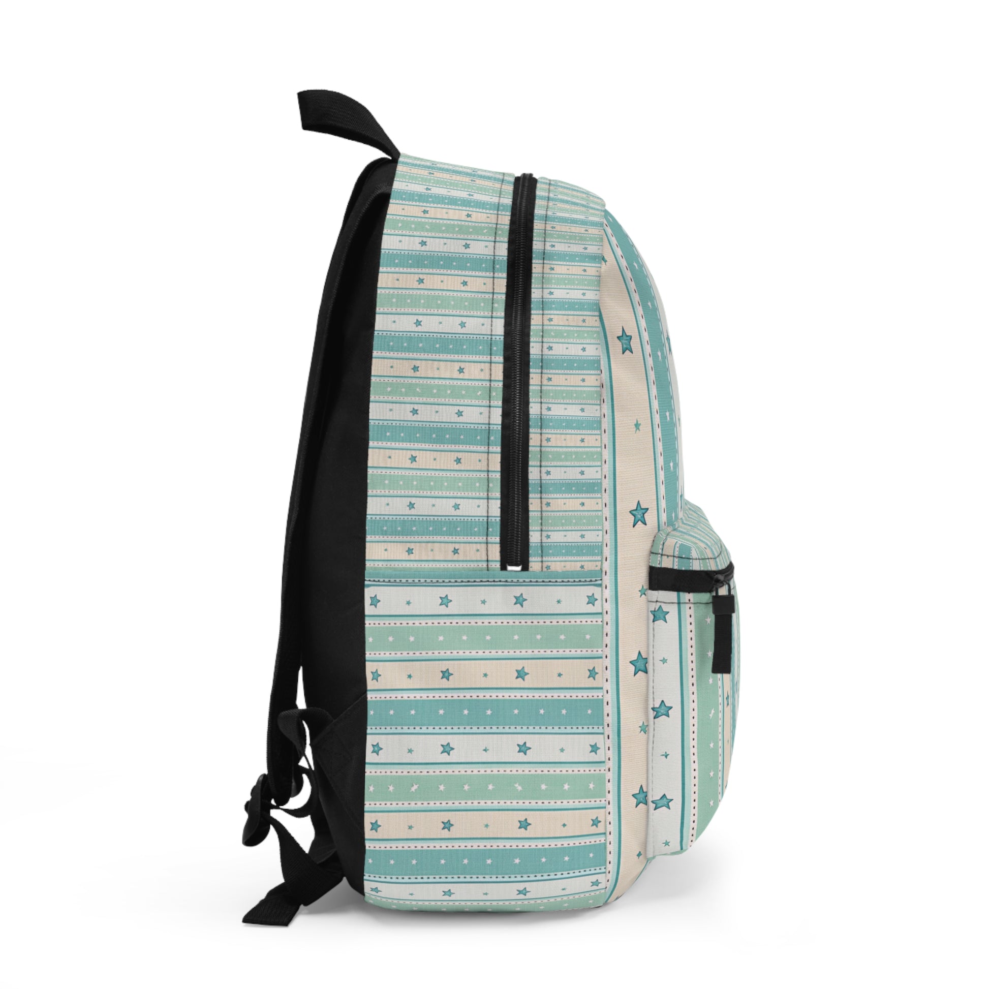 Backpack with blue and beige stripes and small star pattern