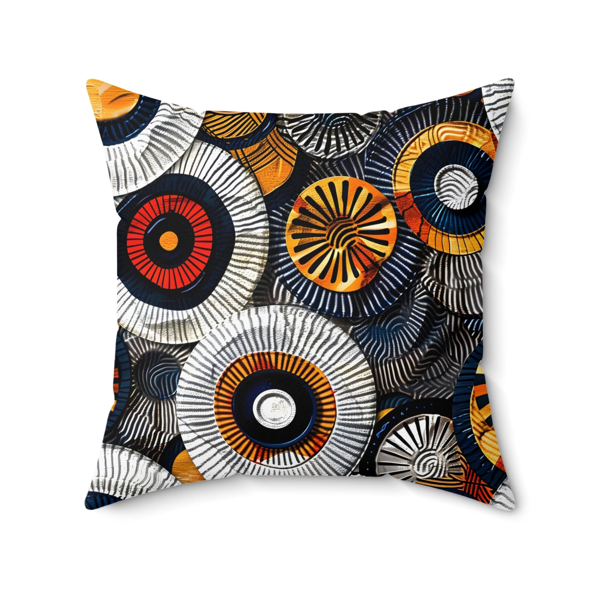 Throw pillow with abstract black, orange, red, white, and blue circular patterns.