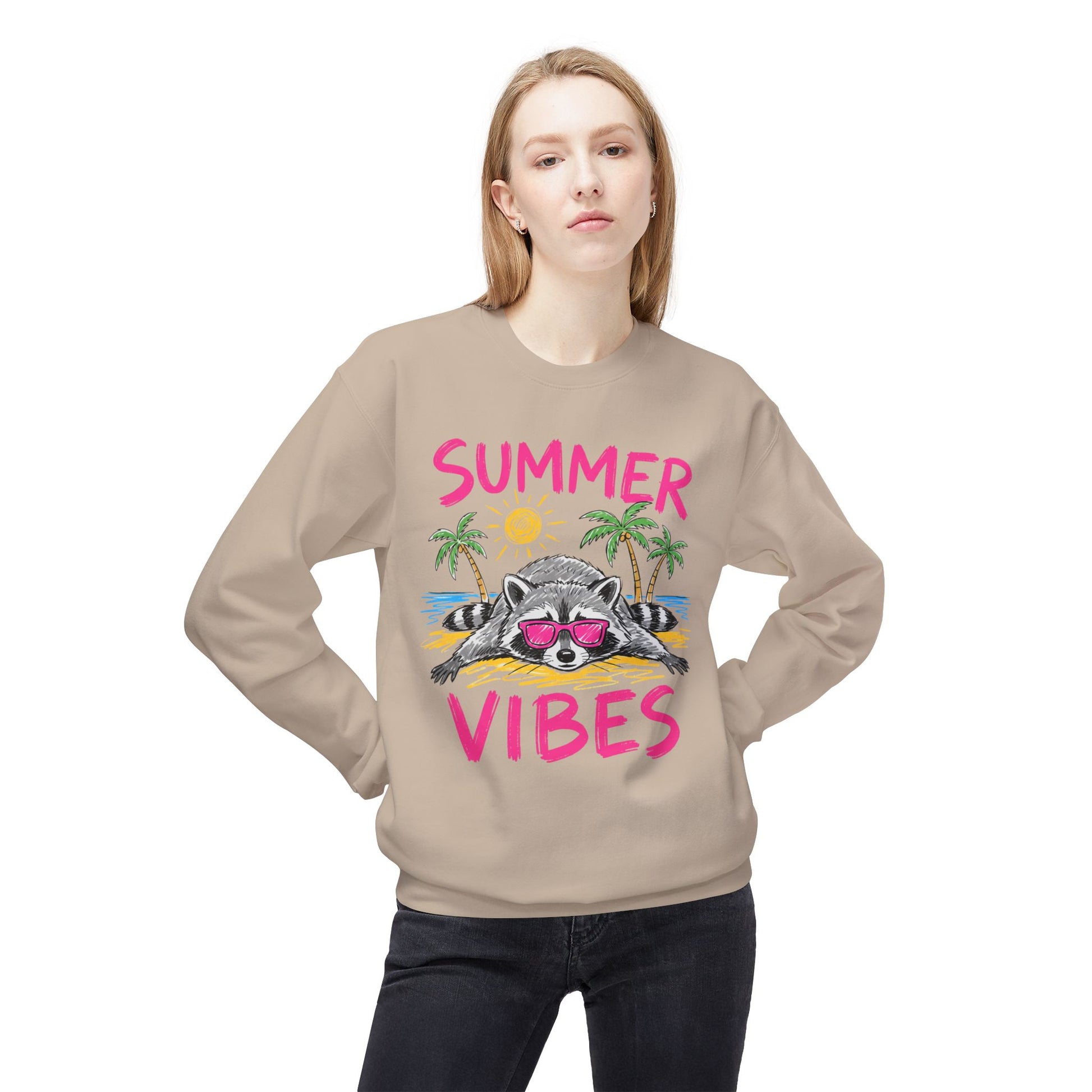 Tan sweatshirt with a raccoon wearing sunglasses on a beach with "SUMMER VIBES" text.