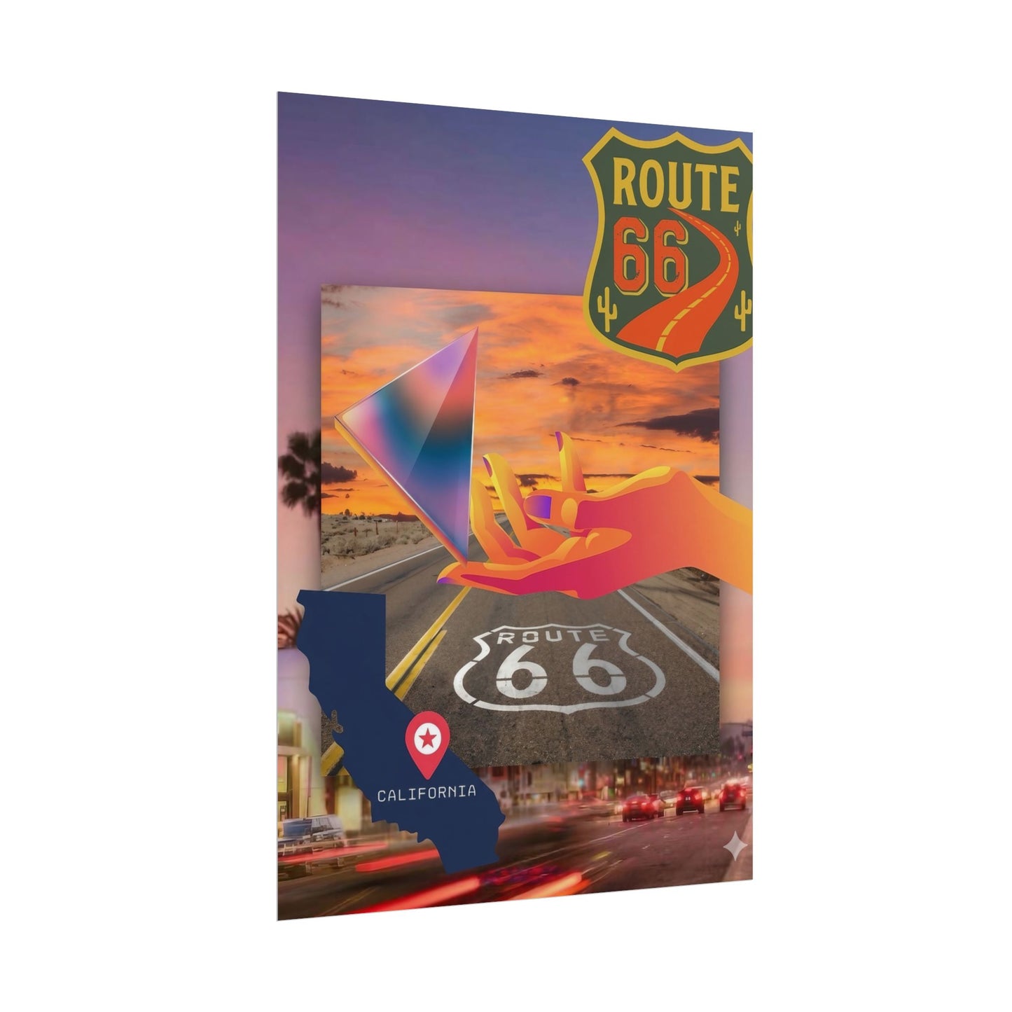 Route 66 California map overlay with a vibrant sunset and diamond crystal.
