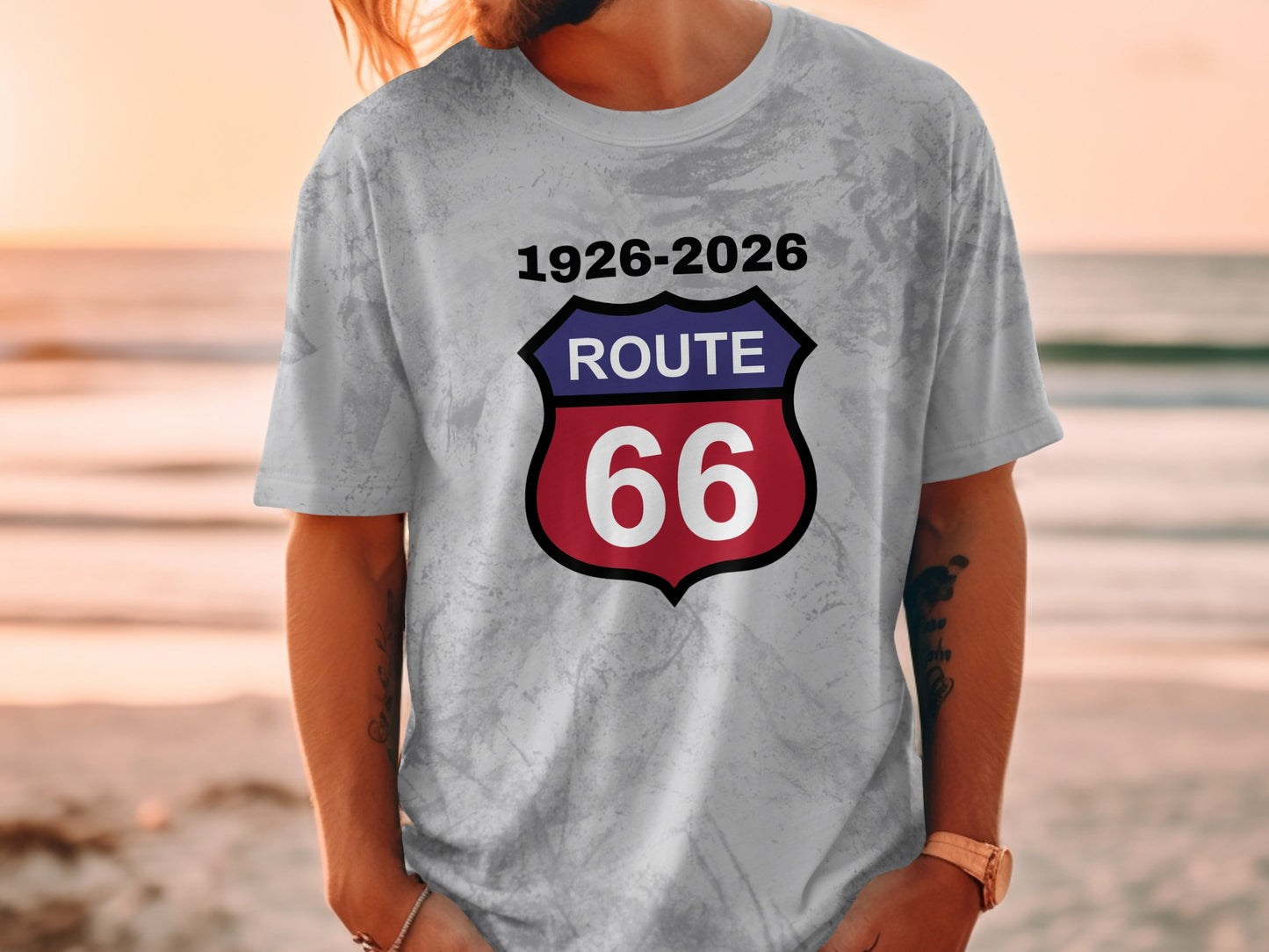 Gray t-shirt with Route 66 shield logo and dates 1926-2026.