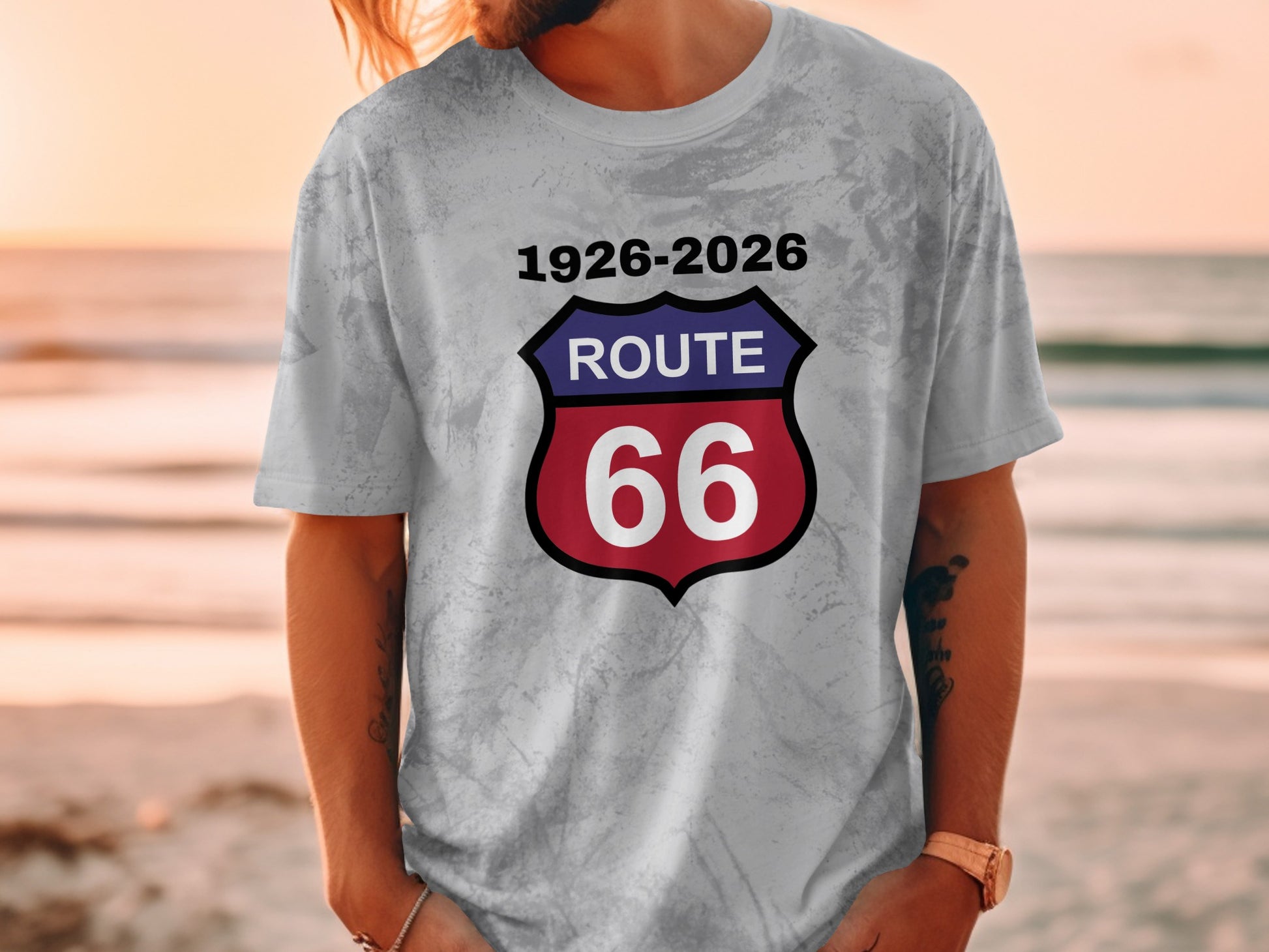Gray t-shirt with Route 66 shield logo and dates 1926-2026.