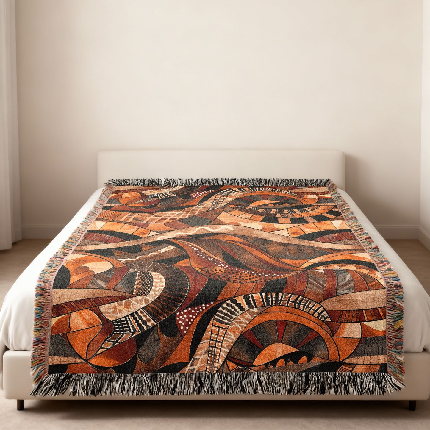 Woven throw blanket with abstract geometric pattern in brown and orange tones.