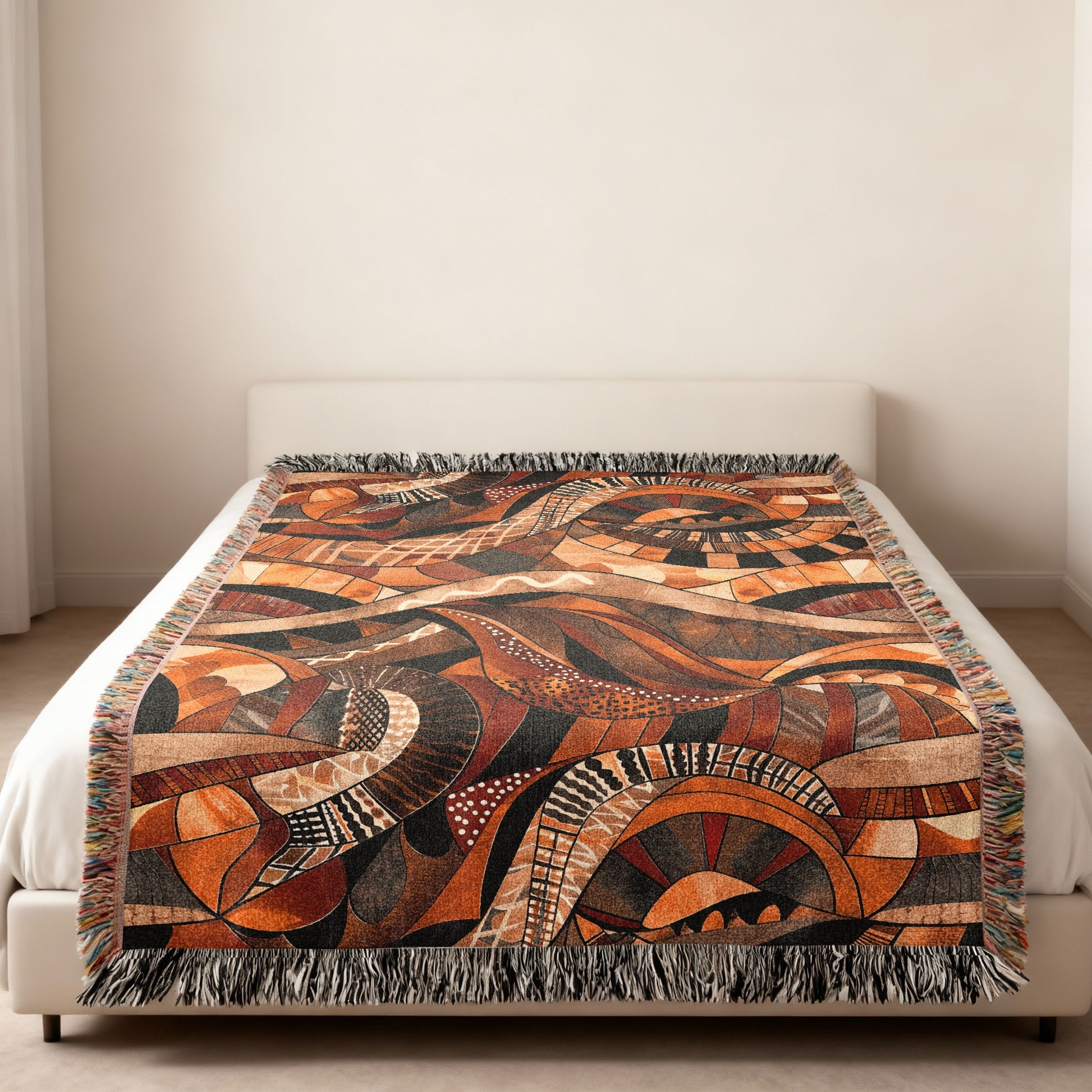 Woven throw blanket with abstract geometric pattern in brown and orange tones.