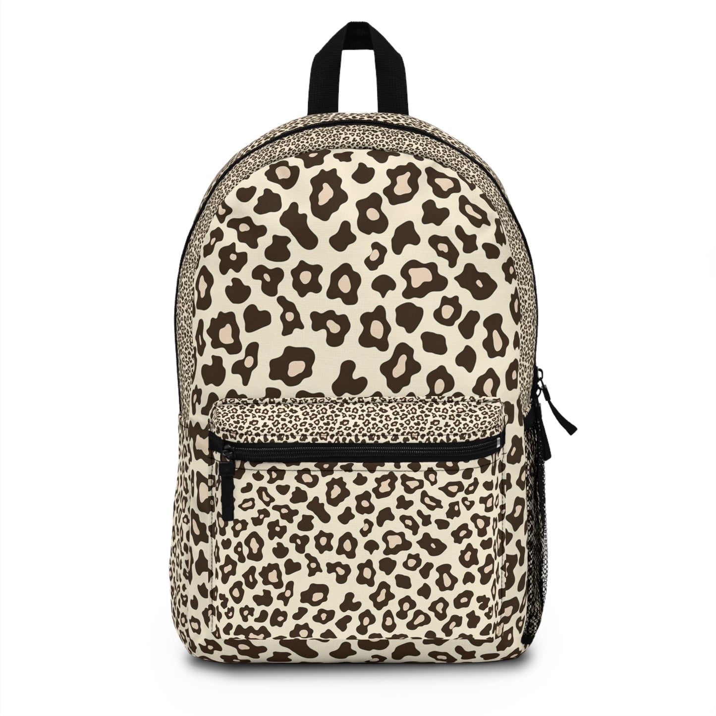 Beige backpack with brown leopard print and black trim.