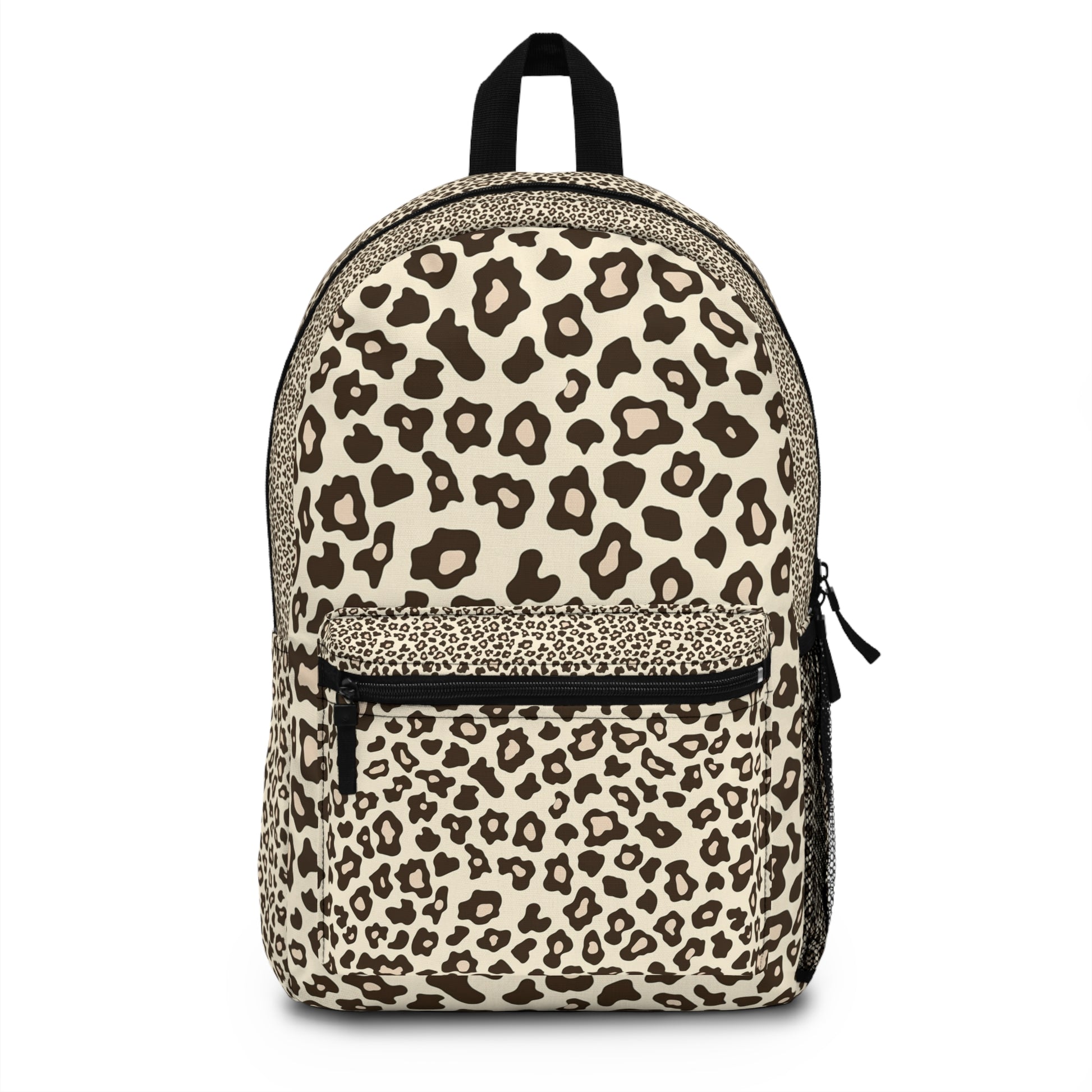 Beige backpack with brown leopard print and black trim.