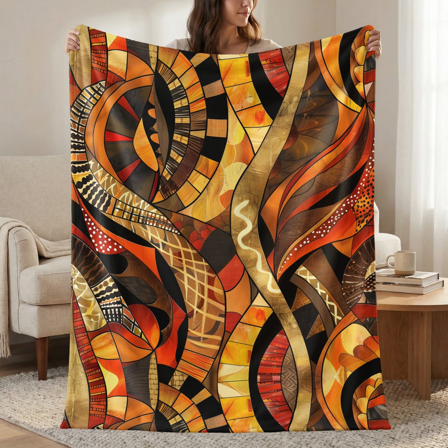 Abstract tribal pattern blanket with warm orange, yellow, brown, and black tones.