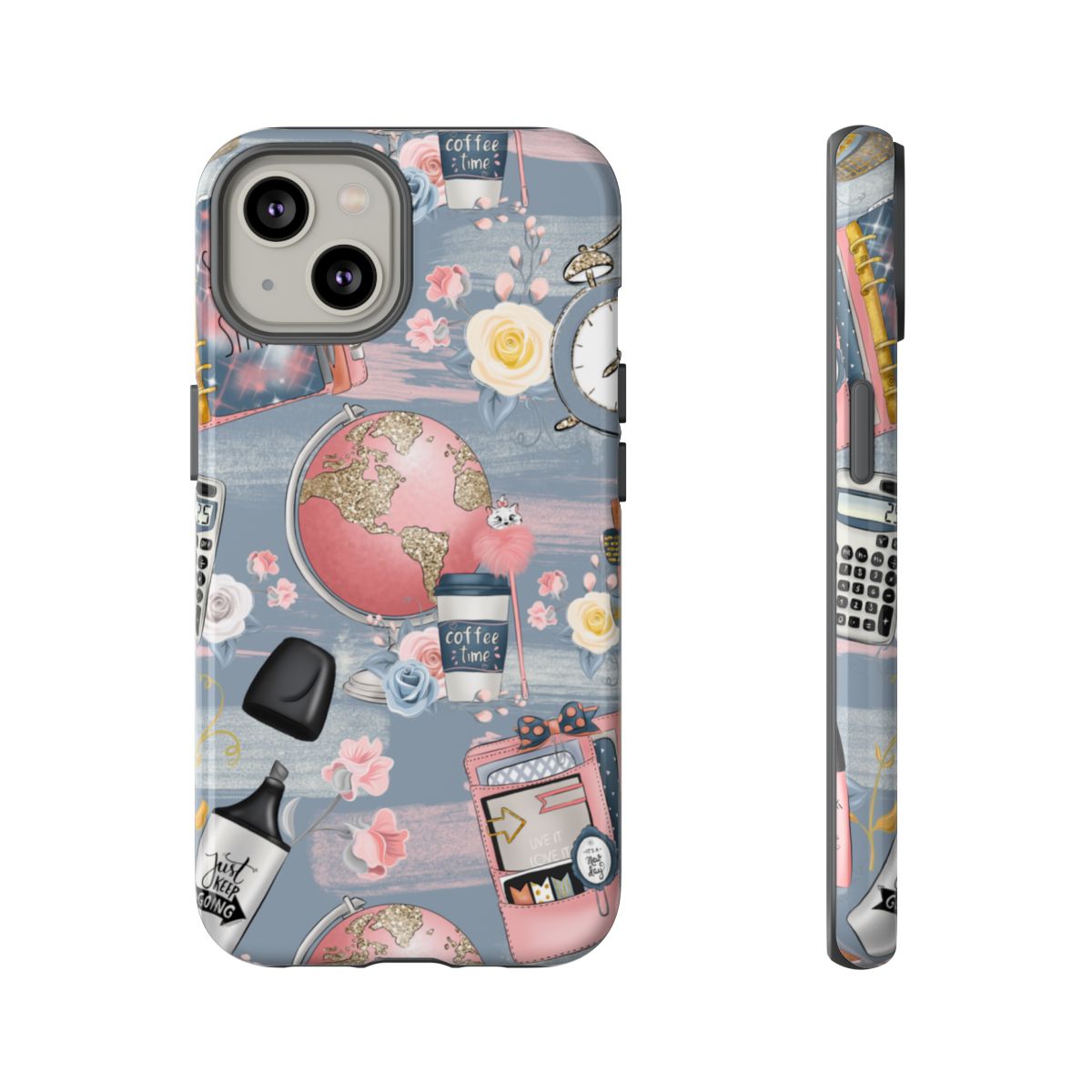 Stylish pink globe and office supplies phone case
