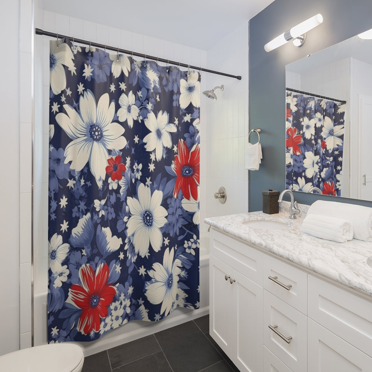 Vibrant Red Blue White Floral Print Shower Curtain