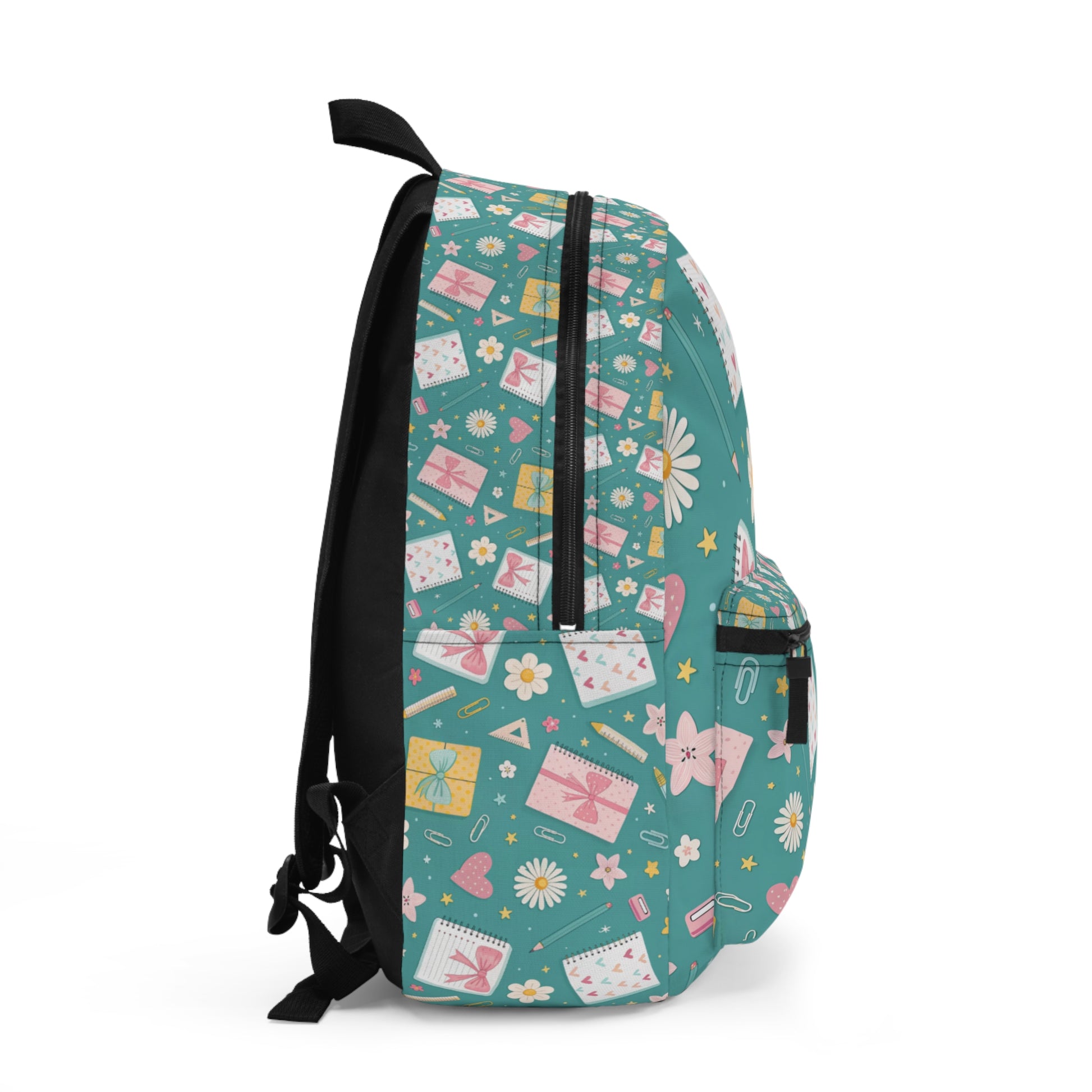 Teal backpack with gift boxes, flowers, hearts, and school supplies print.
