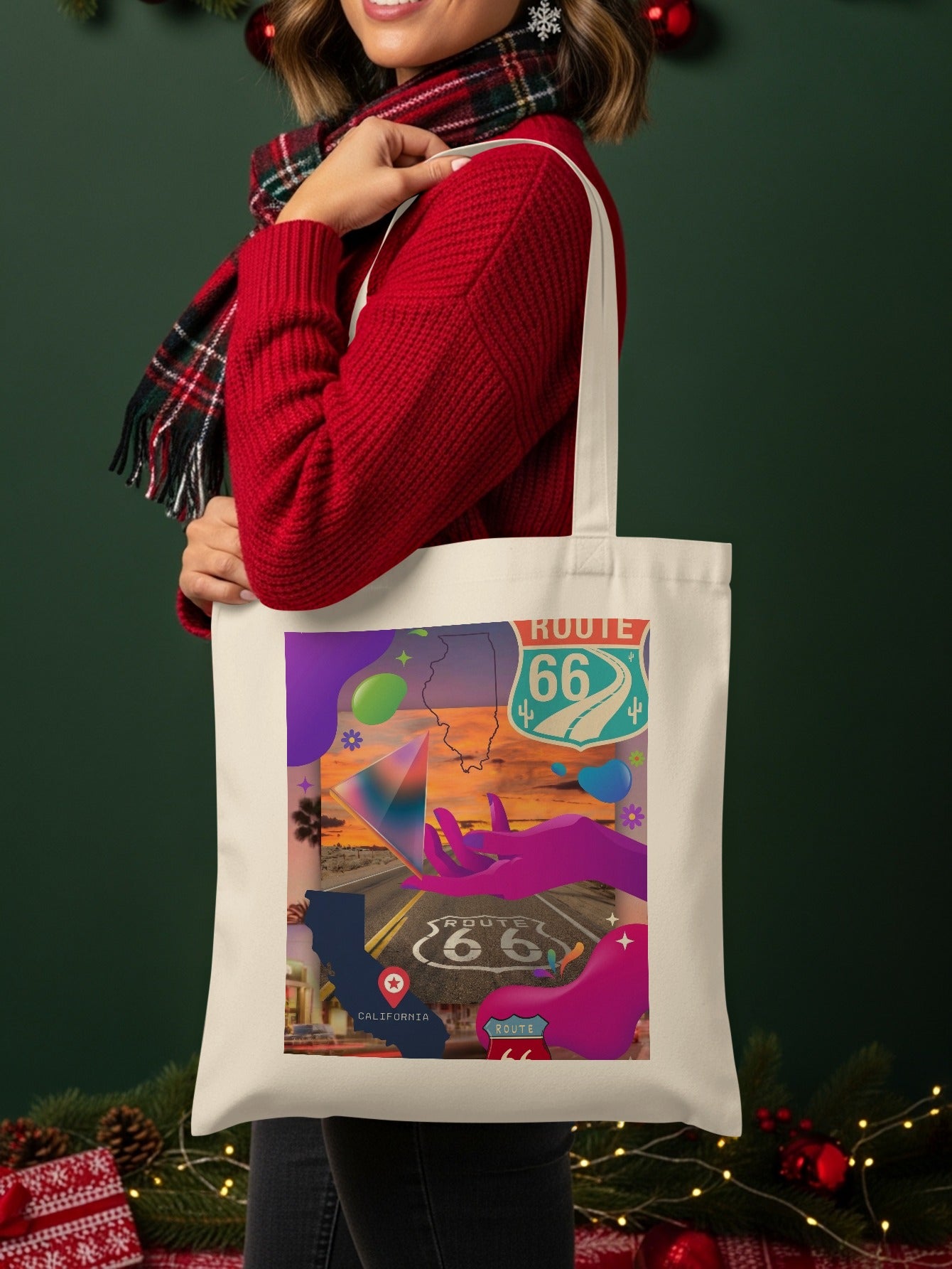 Tote bag featuring Route 66 California graphic with colorful abstract elements.