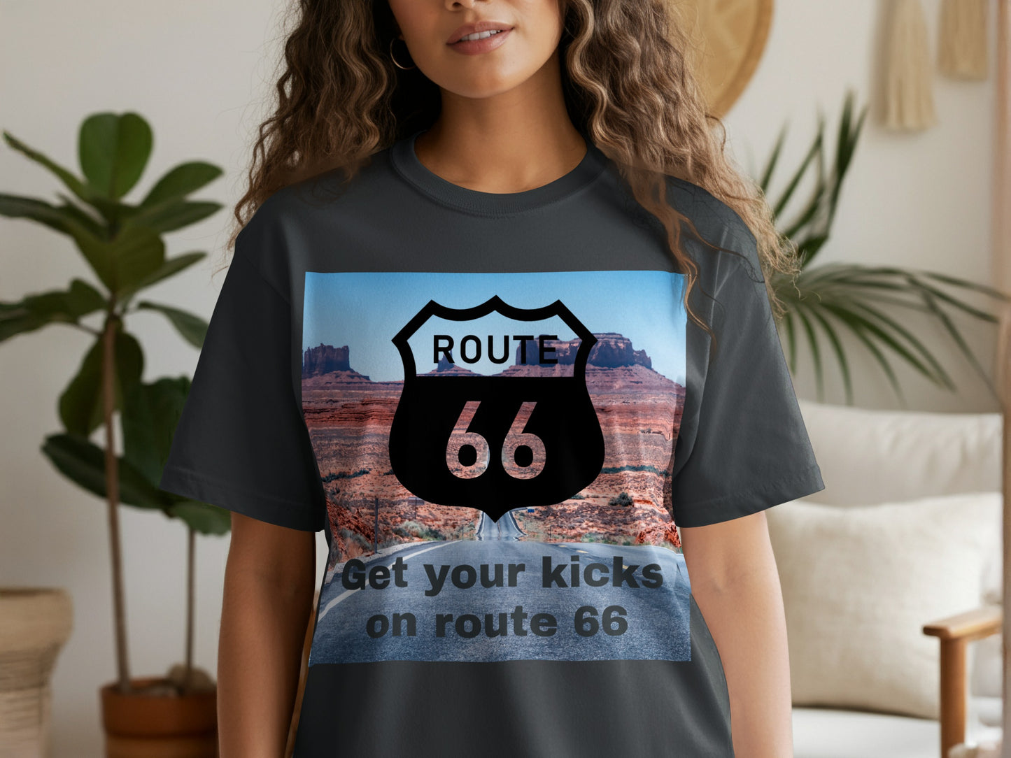 Black t-shirt with Route 66 shield logo and desert landscape.