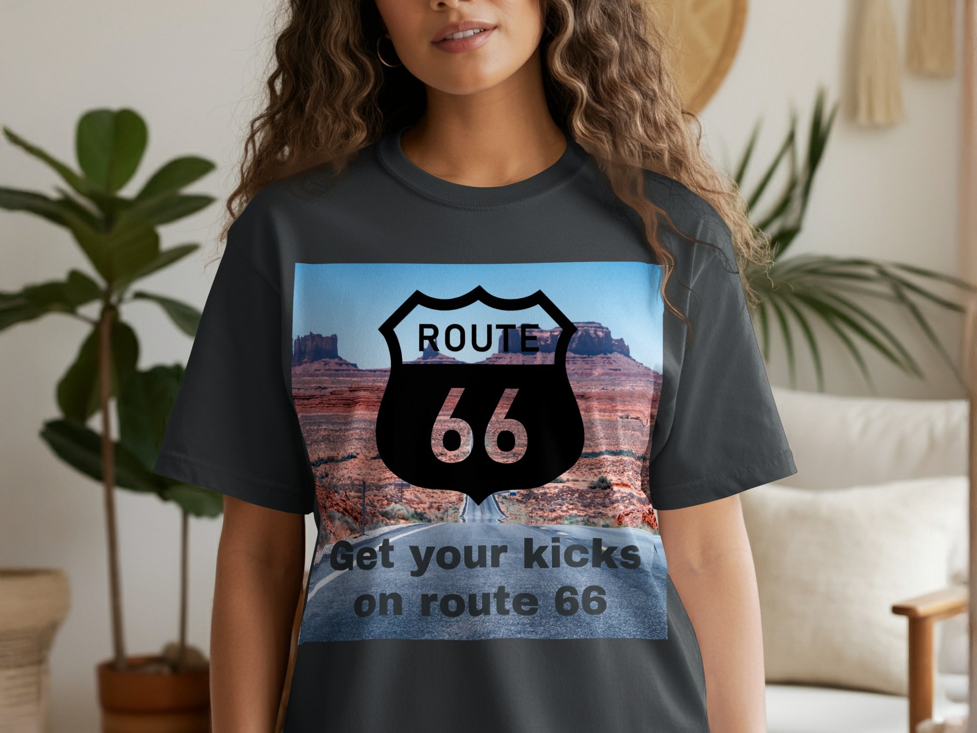 Black t-shirt with Route 66 shield logo and desert landscape.