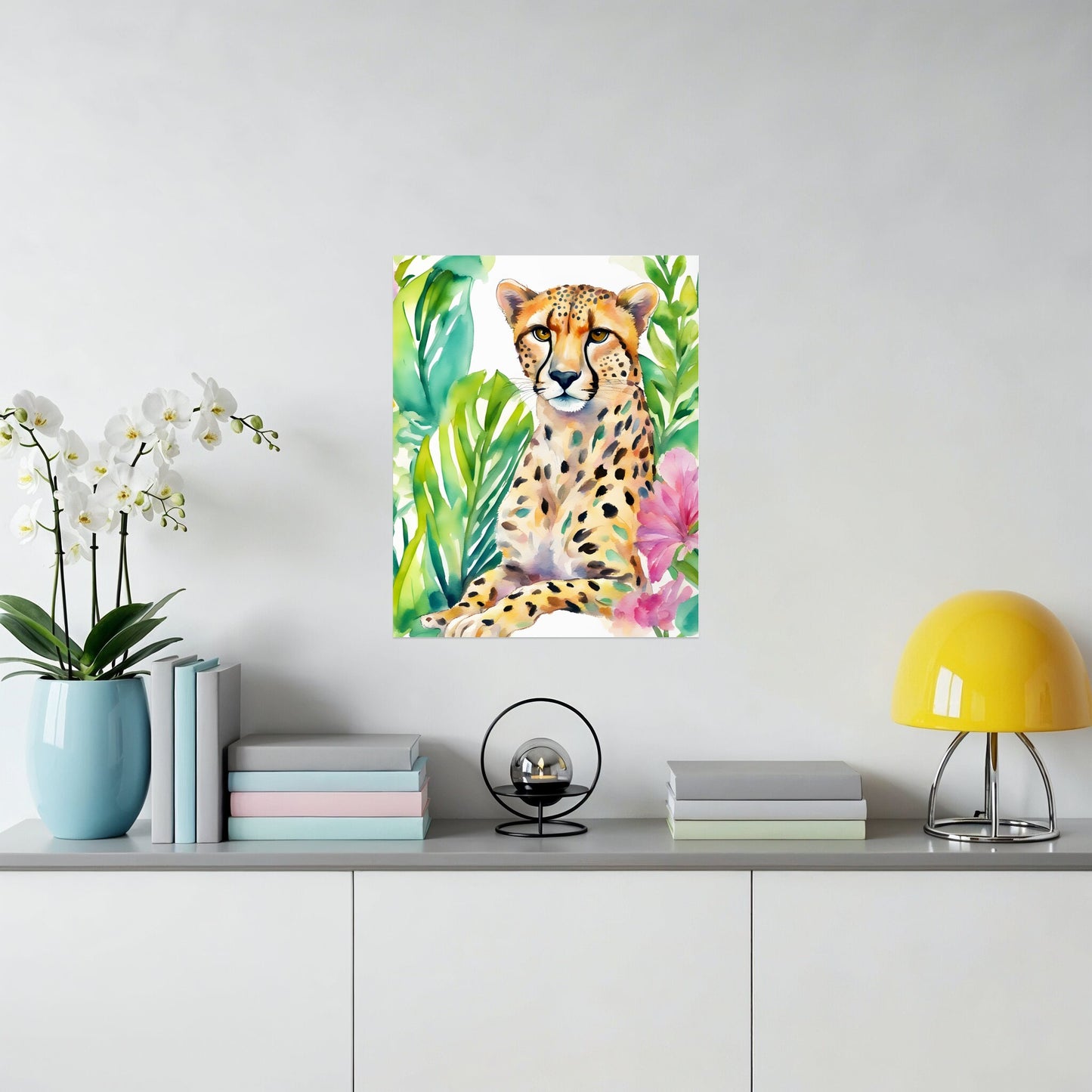 Colorful Cheetah Artwork in Floral Setting Wall Art