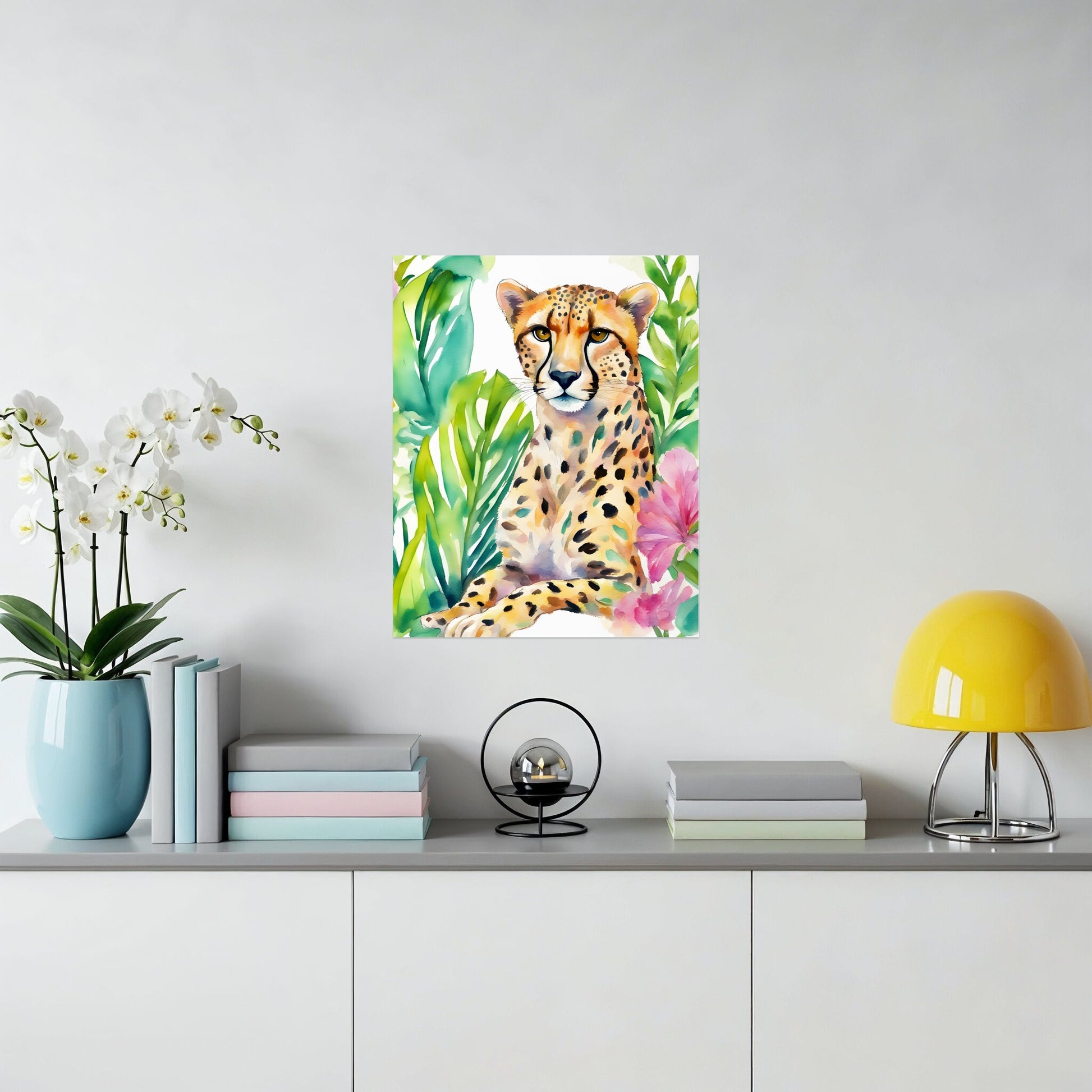 Colorful Cheetah Artwork in Floral Setting Wall Art