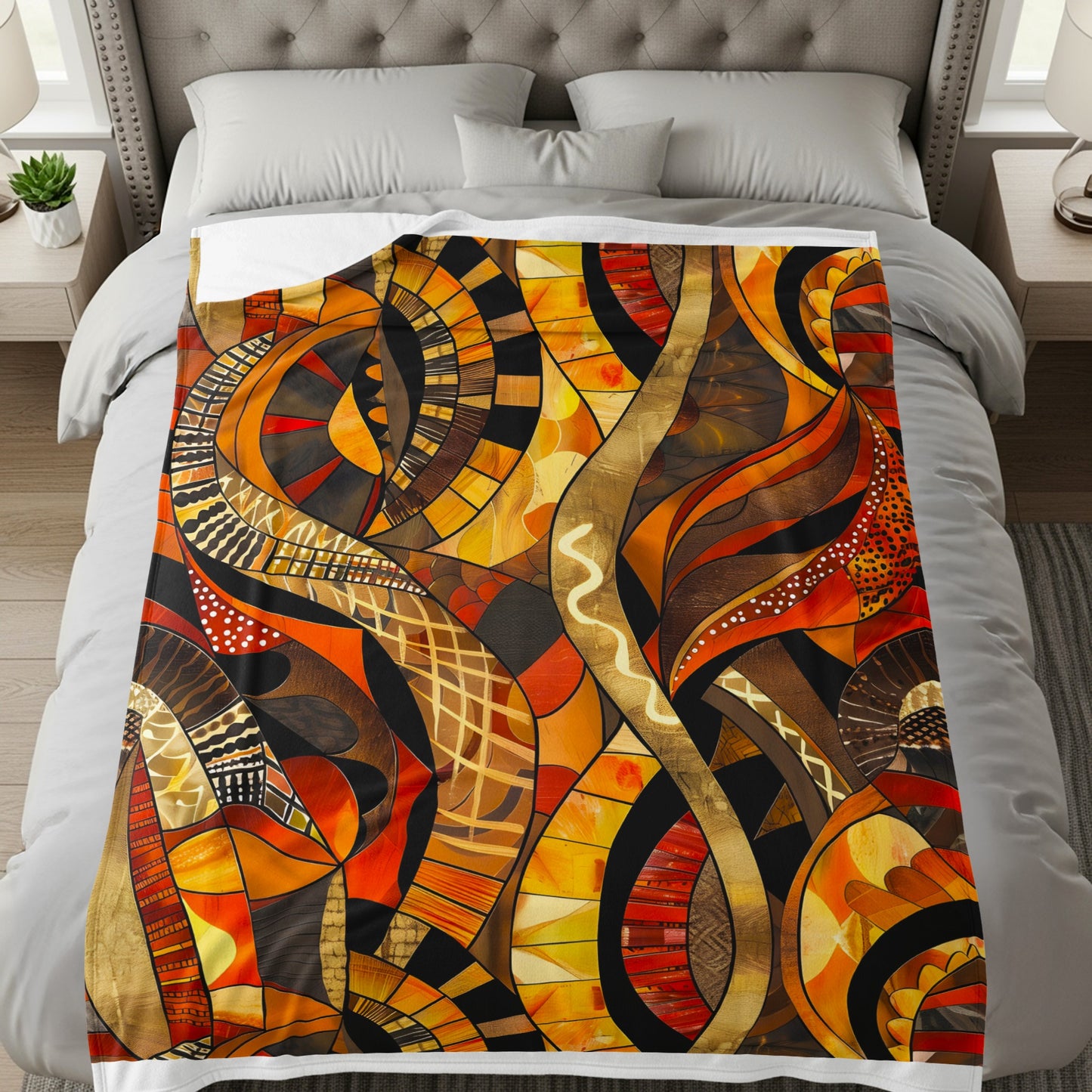Abstract mosaic blanket with warm orange, yellow, and brown tones.