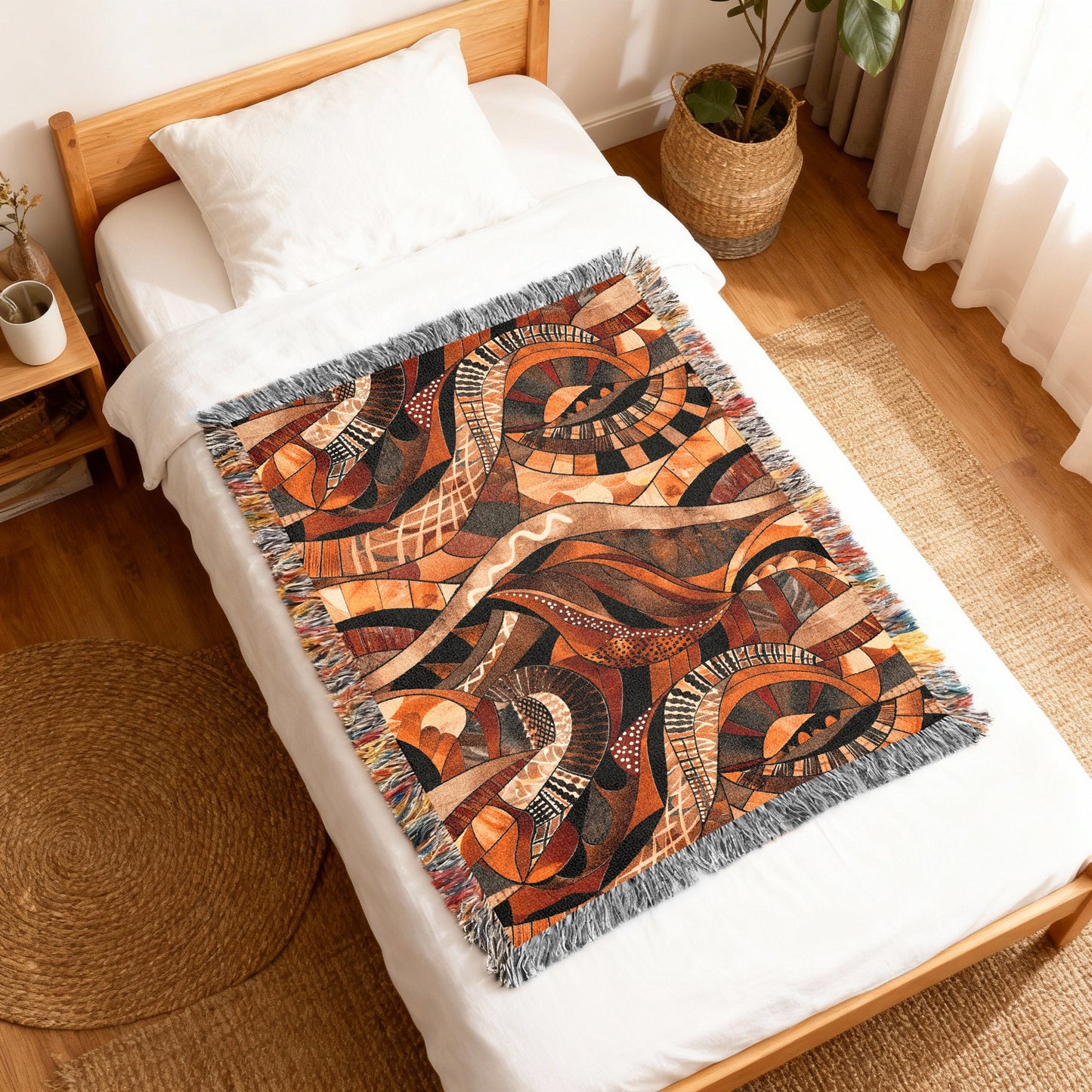 Woven throw with abstract geometric pattern in brown, black, and orange tones on a white bed.
