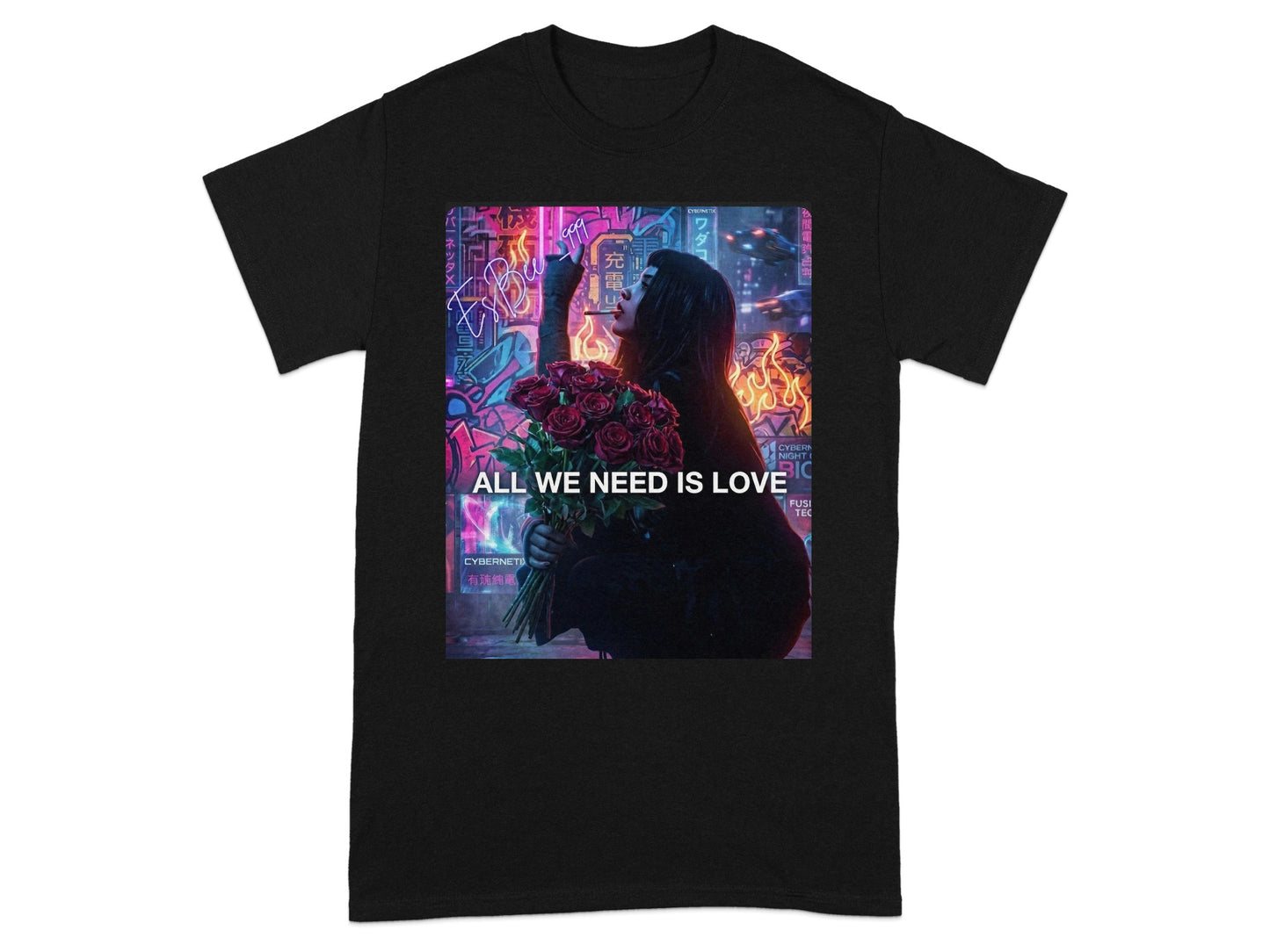 Black t-shirt with woman holding roses against a neon cyberpunk cityscape.
