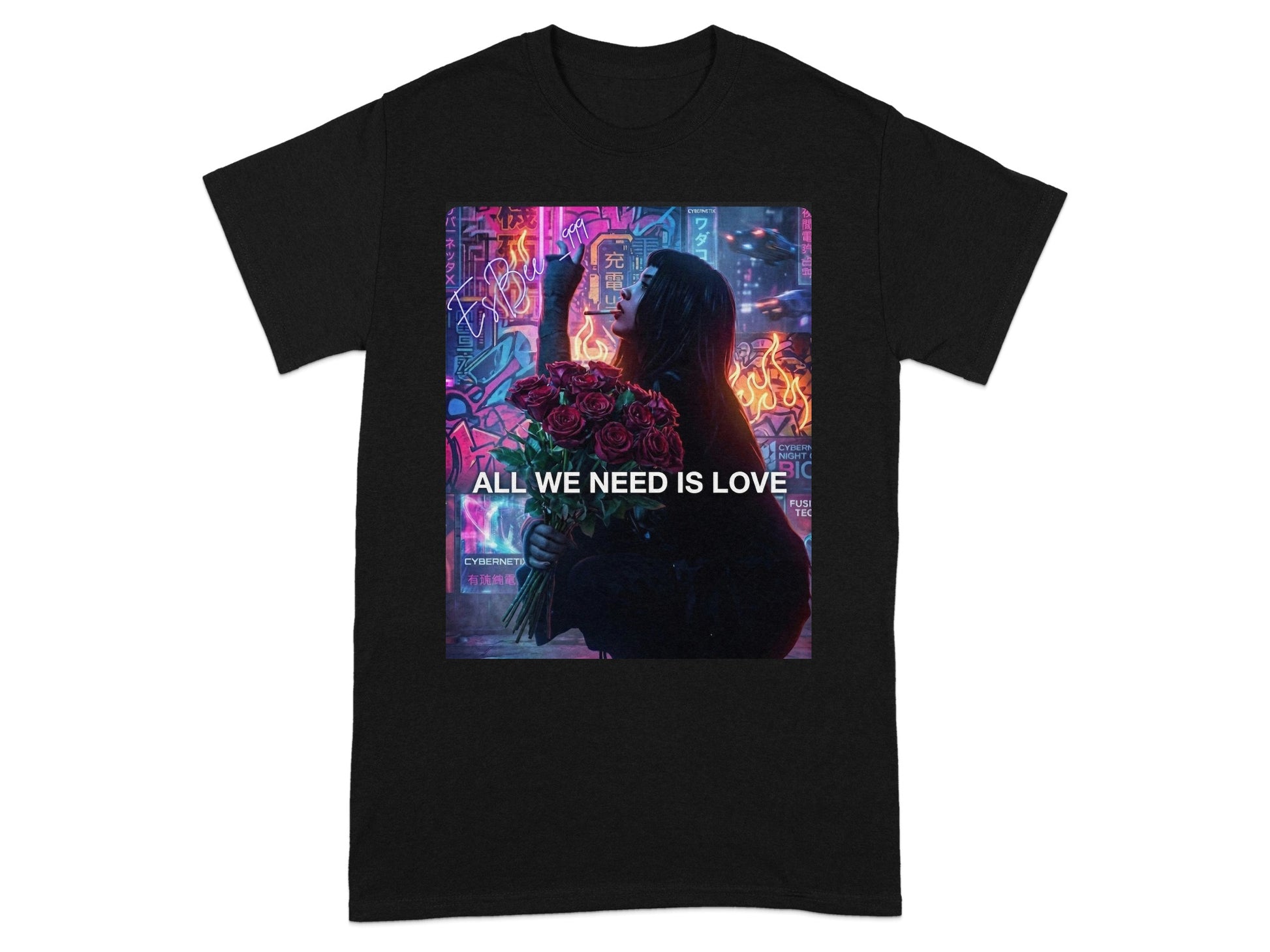 Black t-shirt with woman holding roses against a neon cyberpunk cityscape.