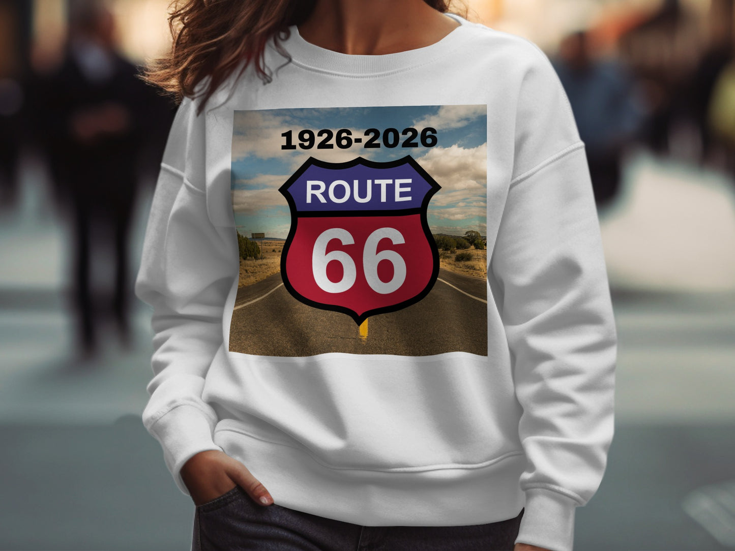 White sweatshirt with Route 66 logo and dates 1926-2026.
