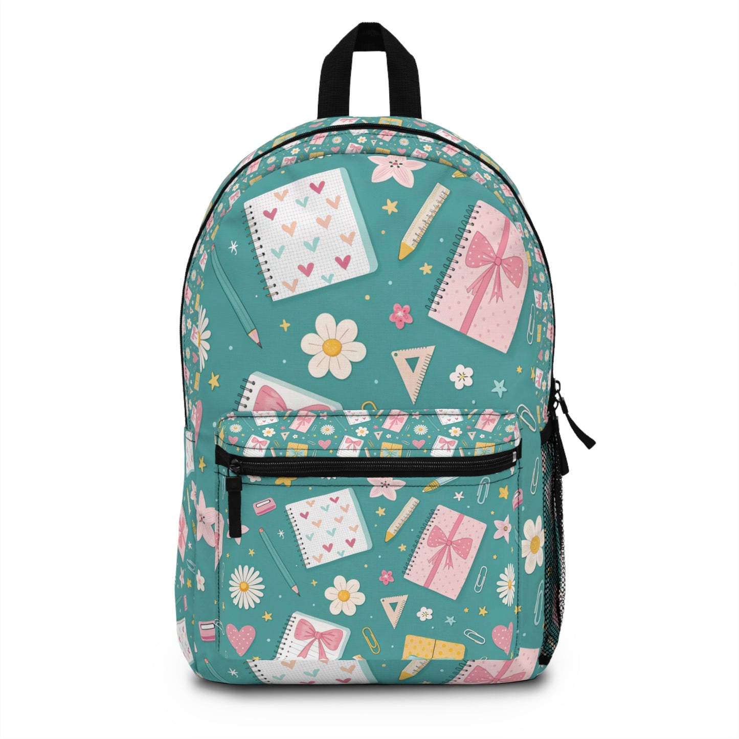 Teal backpack with a repeating pattern of notebooks, pencils, rulers, hearts, and flowers.