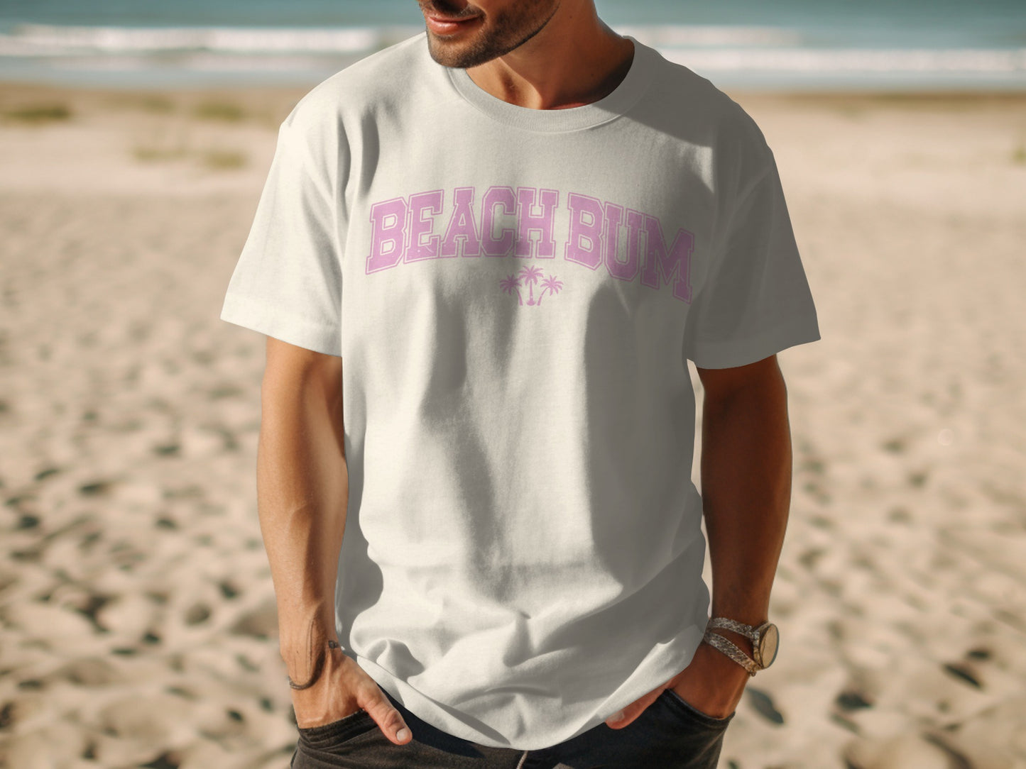White t-shirt with "BEACH BUM" text and palm trees.