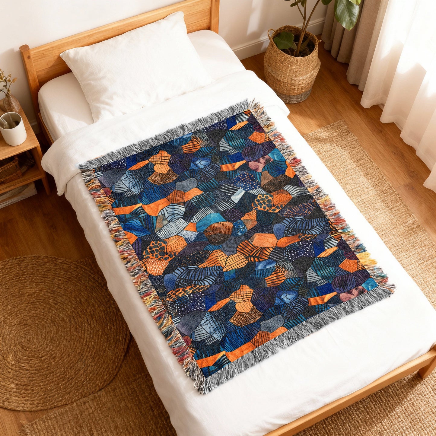 Woven throw blanket with a geometric abstract pattern in blues, oranges, and purples.