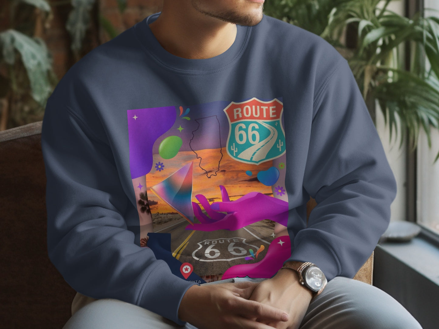 Dark blue sweatshirt with Route 66 graphic and abstract colorful design.