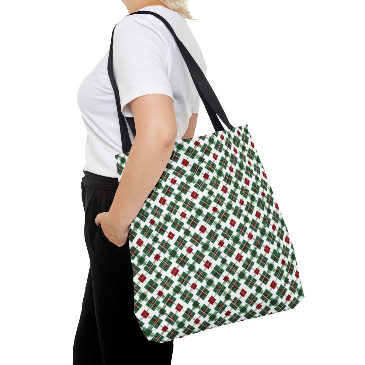 Stylish Large Tote with Red Green Plaid Pattern Design