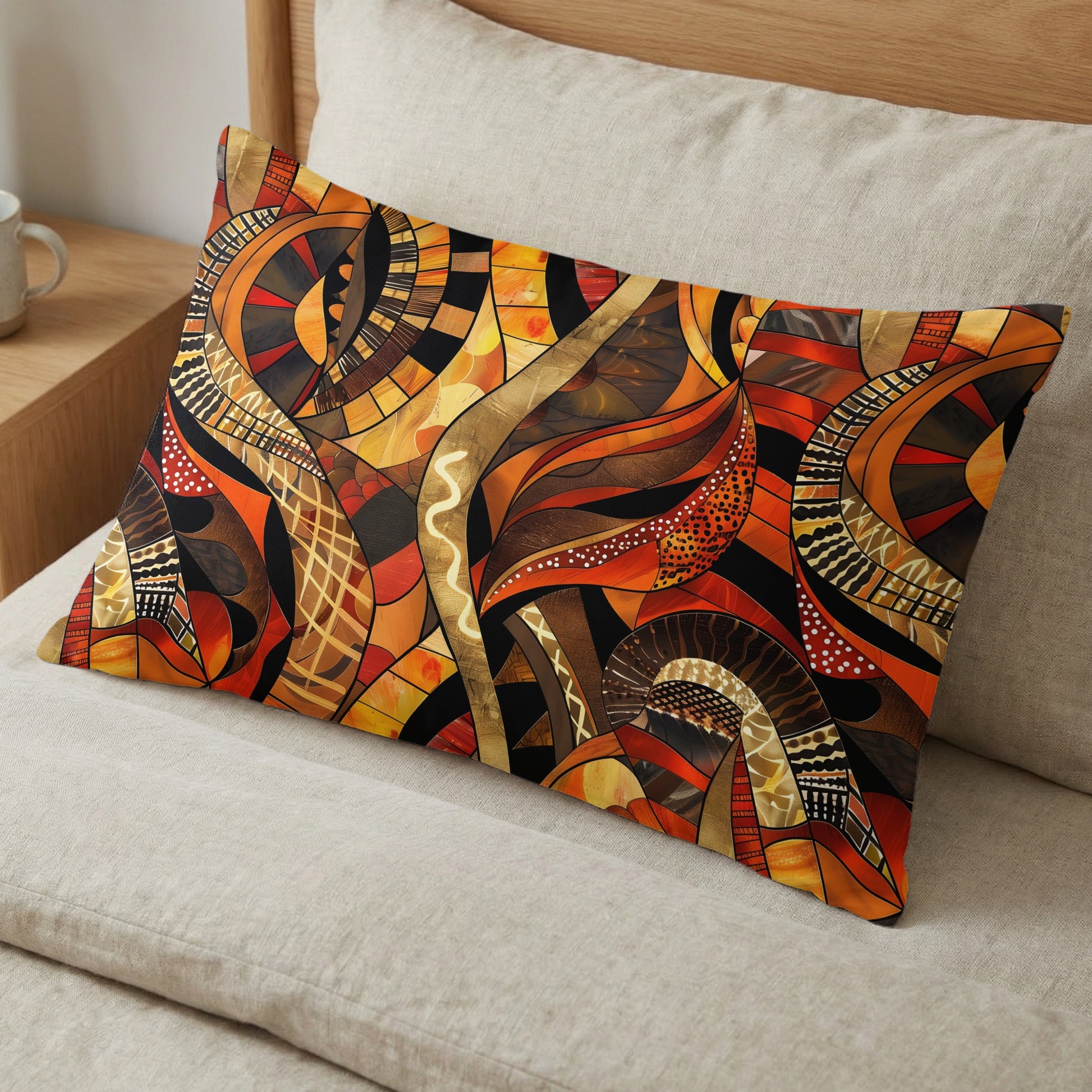 Rectangular pillow with a vibrant abstract pattern in warm earth tones.