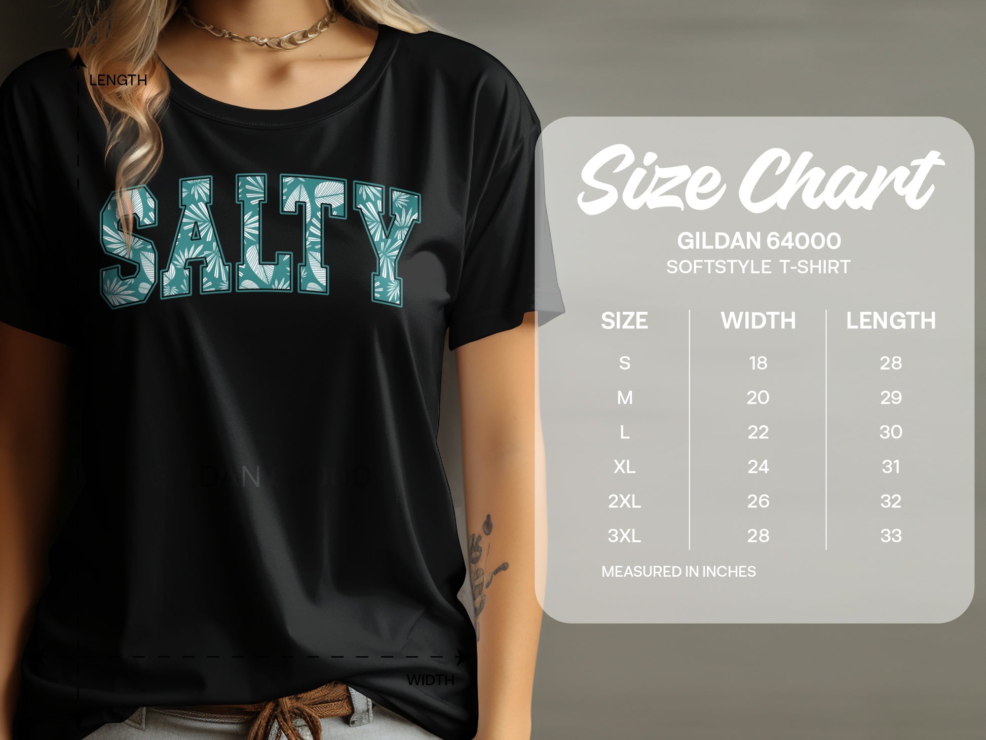 T-shirt with "SALTY" graphic and size chart for Gildan 64000 Softstyle T-Shirt.
