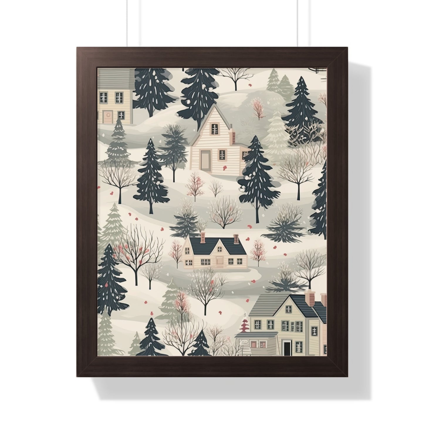 Winter Village Scene in Dark Frame Art Print