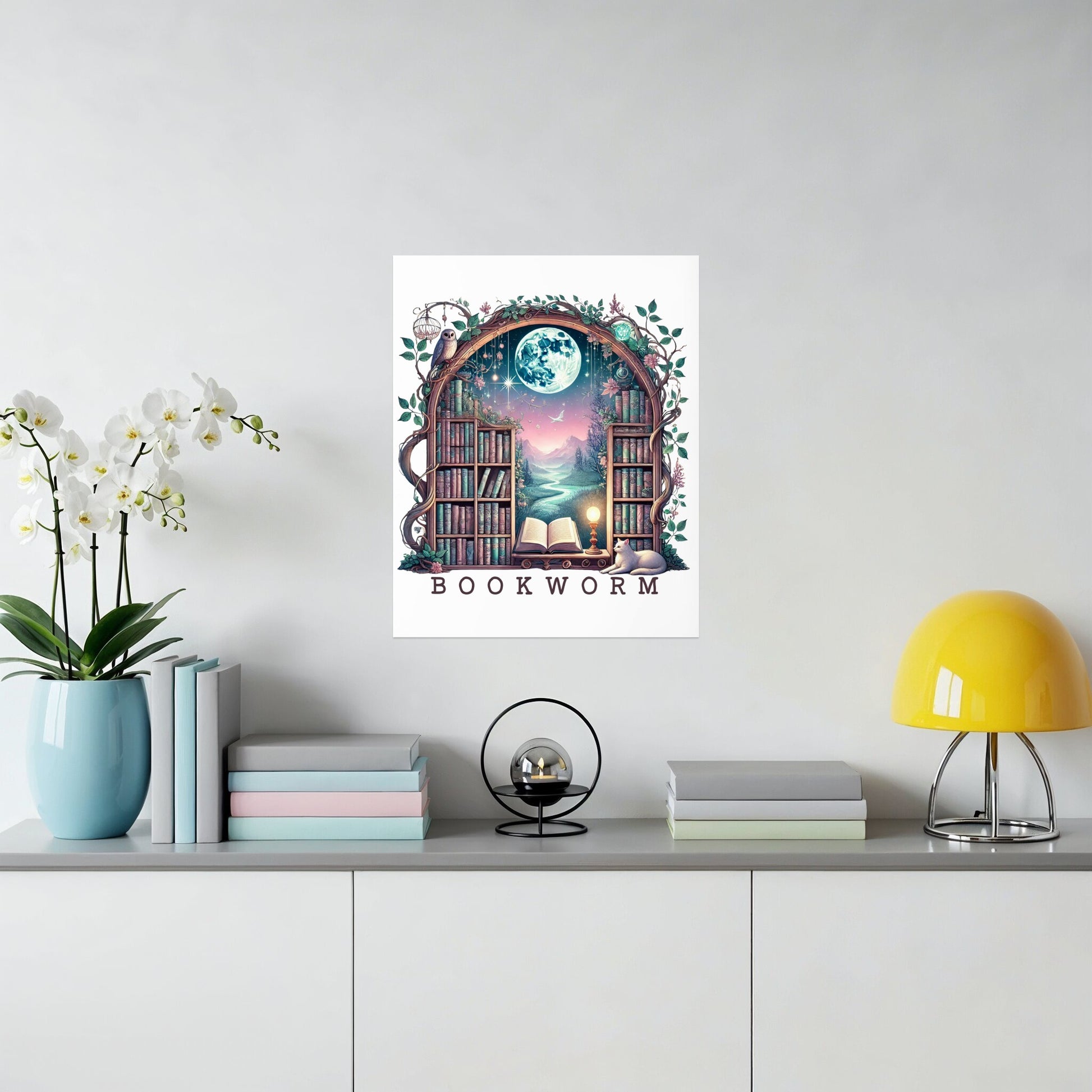 Bookworm Poster with Library and Moon theme product type