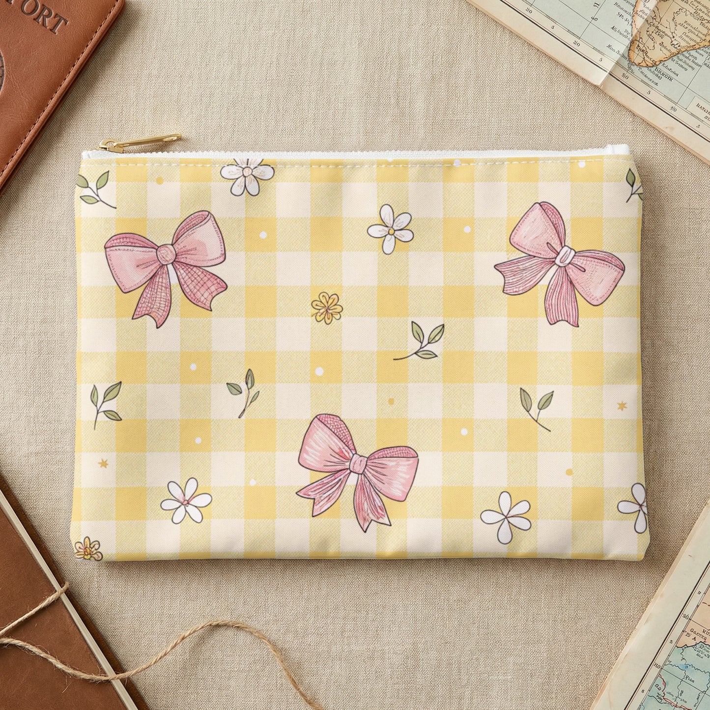 Yellow gingham clutch with pink bows and small flowers, beside passport and maps.
