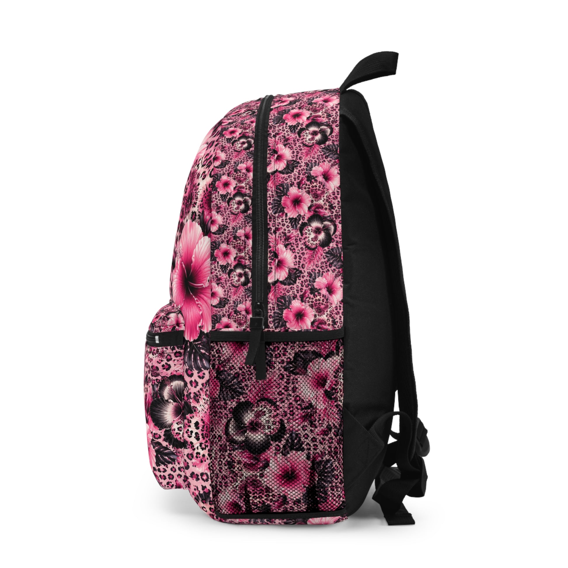 Pink floral and leopard print backpack with black straps and zippers.