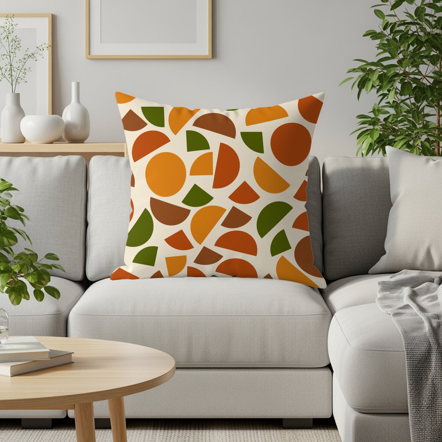 Pillow with abstract geometric pattern of circles and semi-circles in orange, green, and brown.
