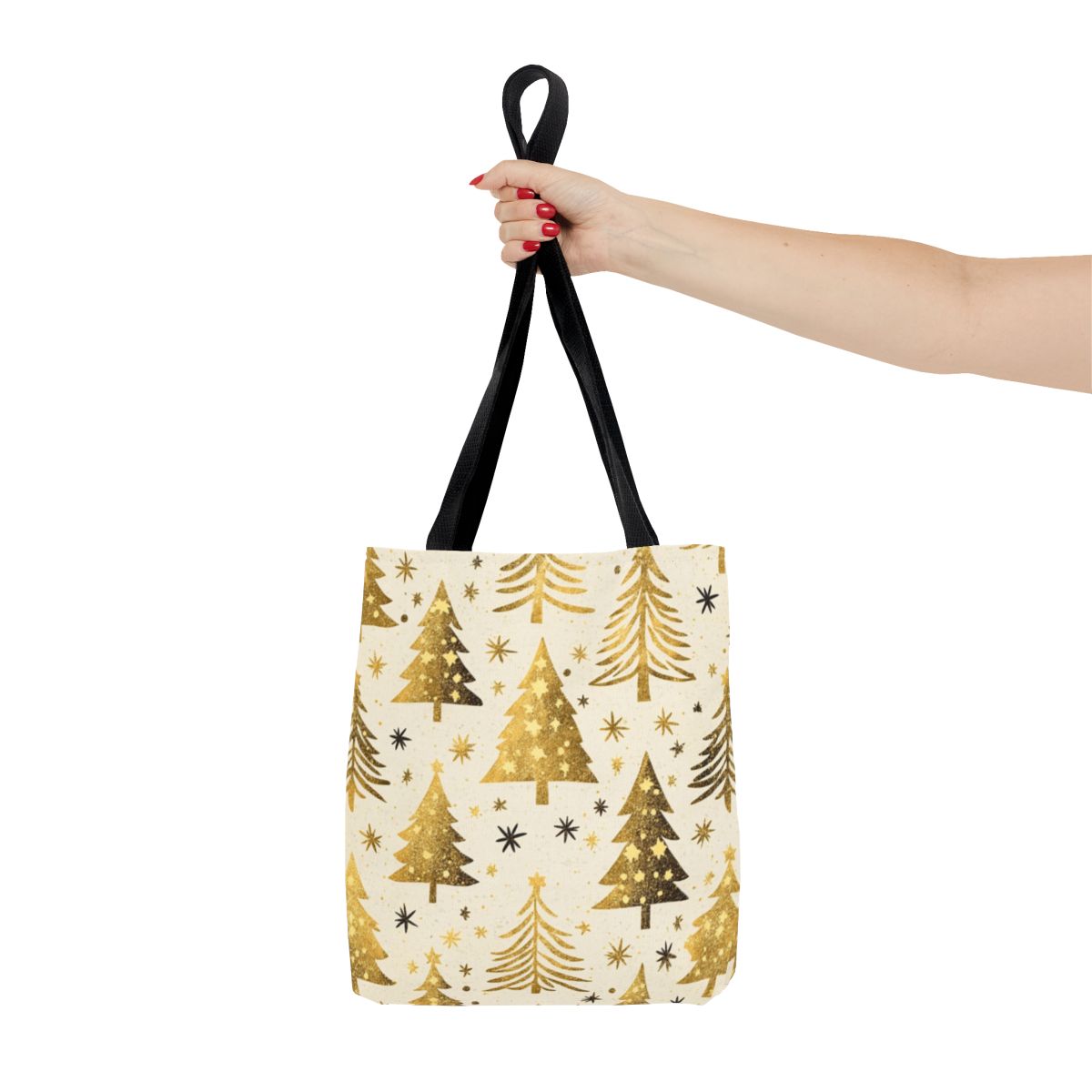 Golden Christmas Tree Print with Stars Tote Bag