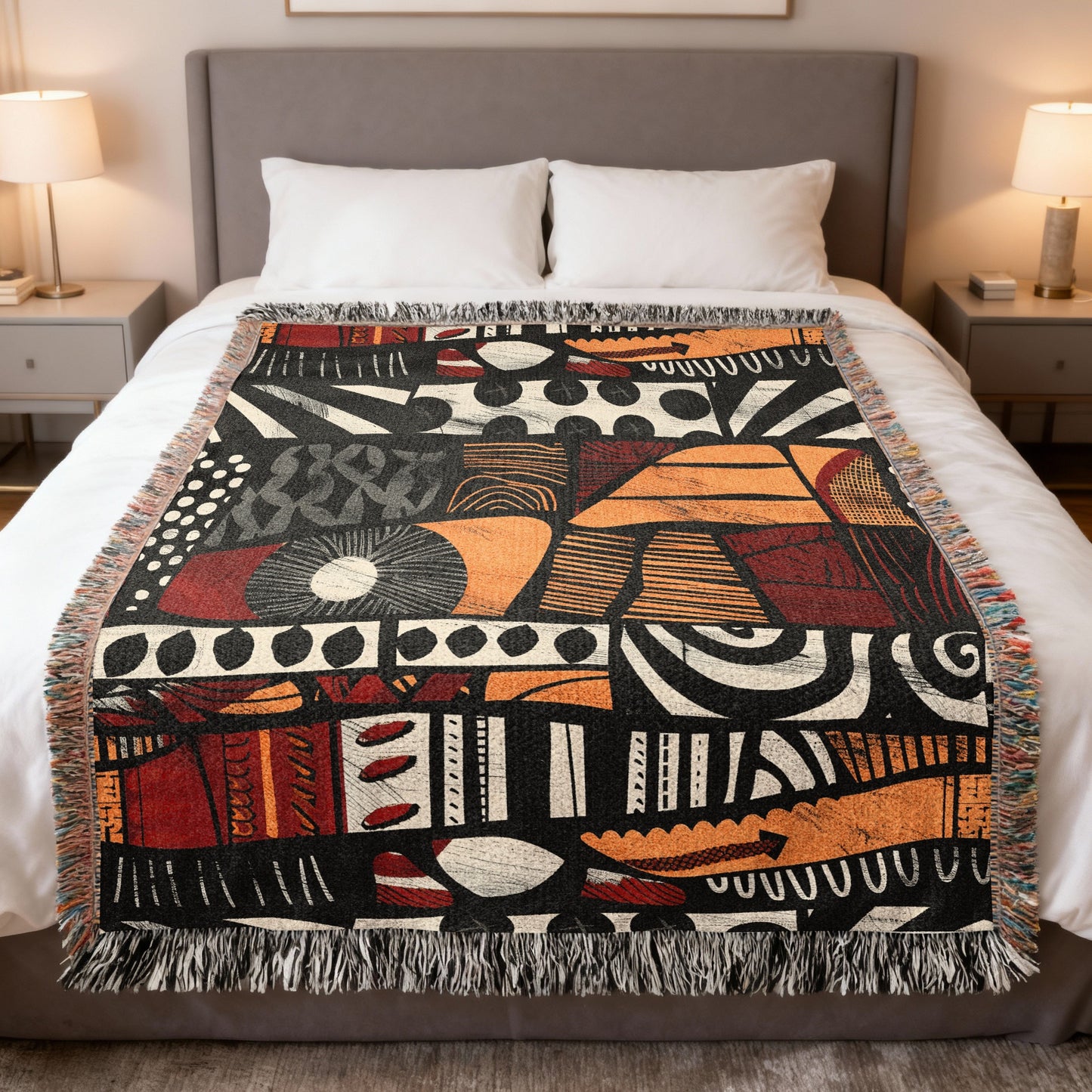 Woven throw blanket with abstract geometric and organic shapes in red, orange, and black.