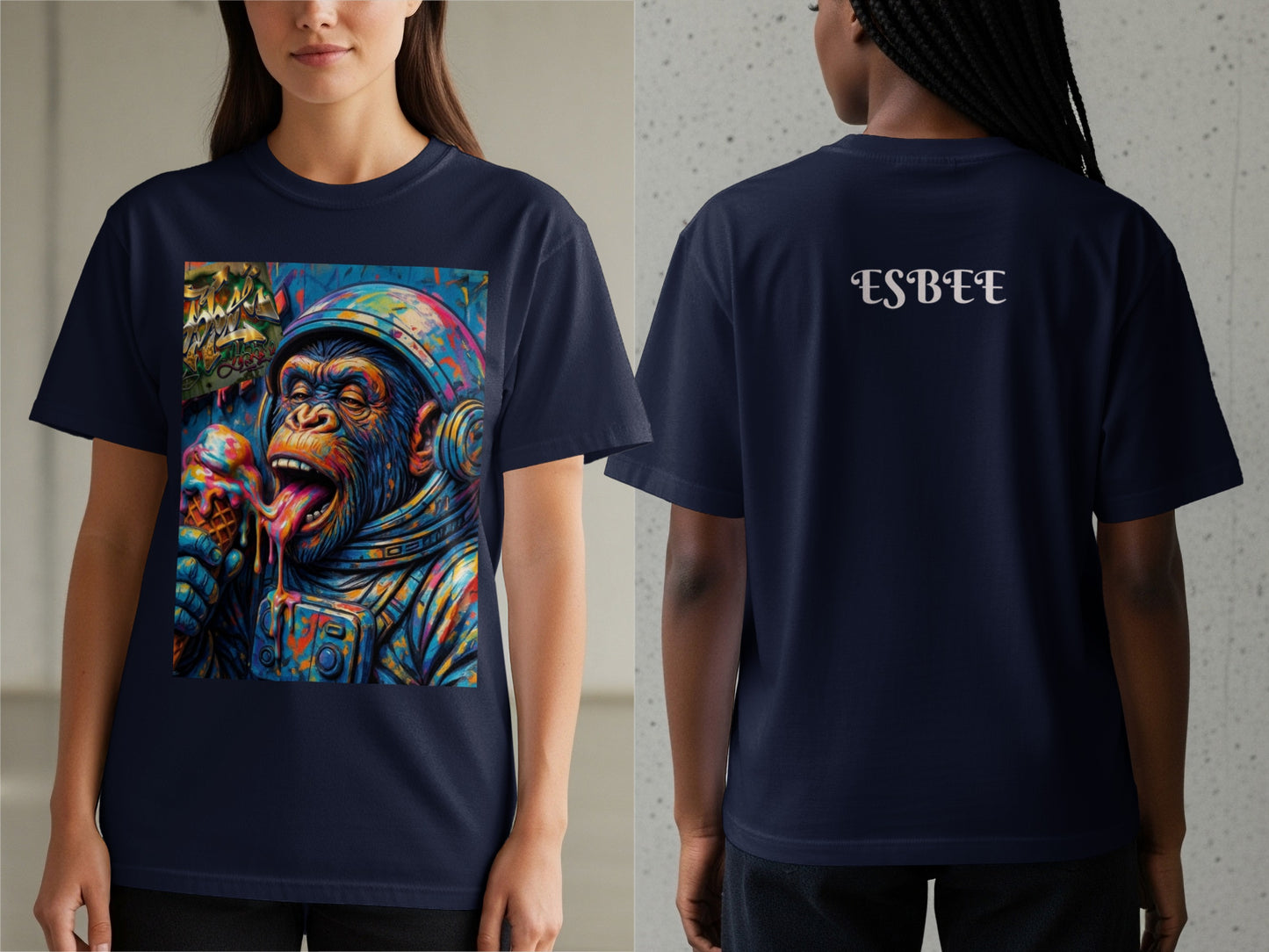 Navy t-shirt with astronaut monkey eating ice cream on front, ESBEE on back.