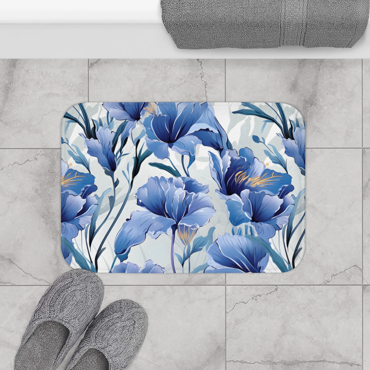 Elegant Blue Floral Pattern Bathroom Mat