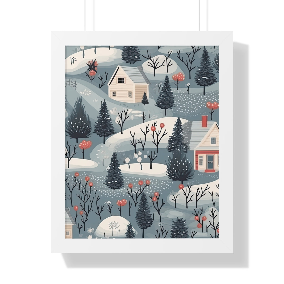 Snowy Forest Cottages Framed Wall Art Print